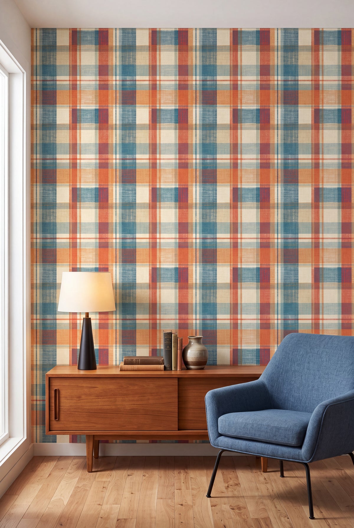 Camp Plaid wallpaper shown in a living room