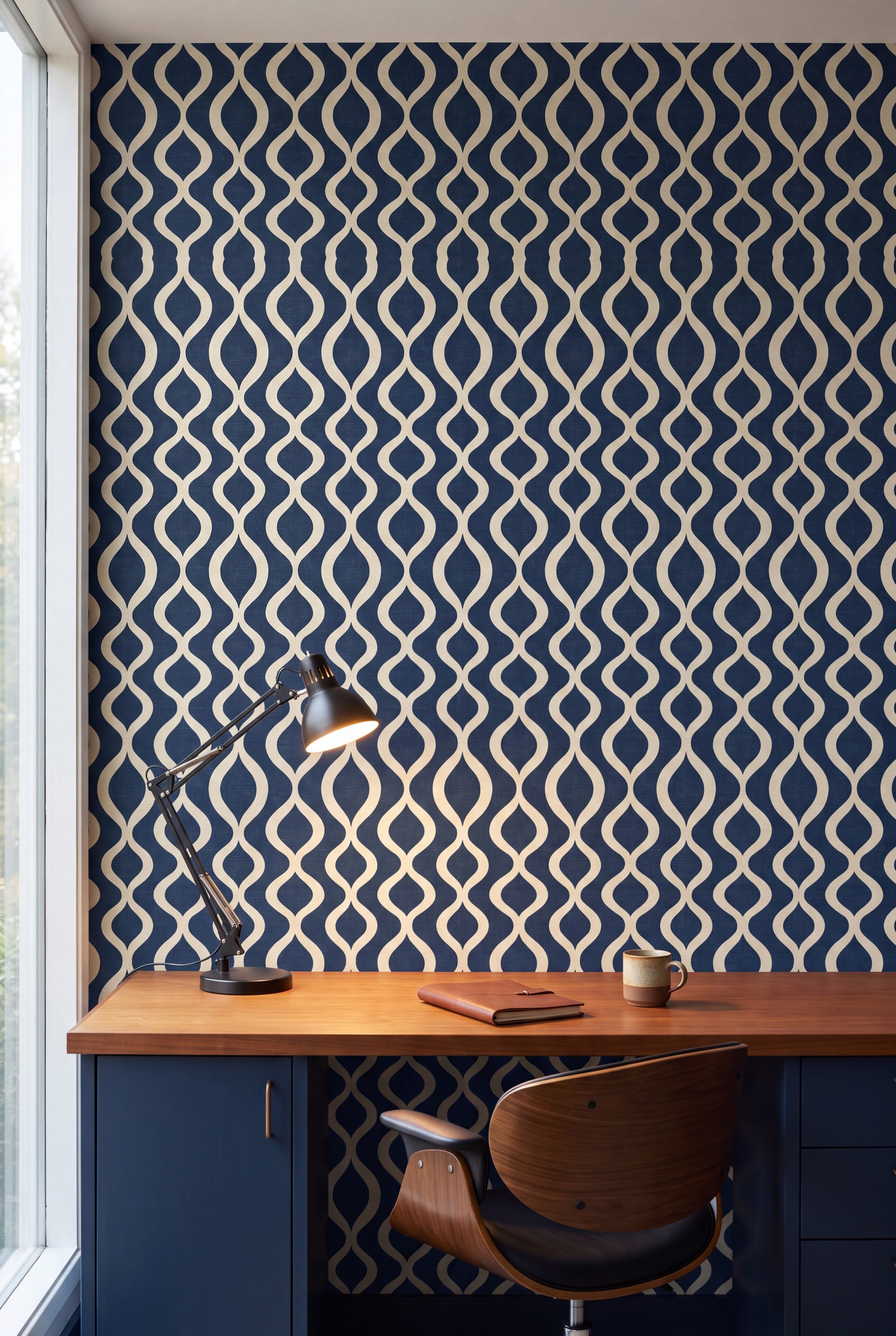 Navy Pendulum wallpaper shown in a home office
