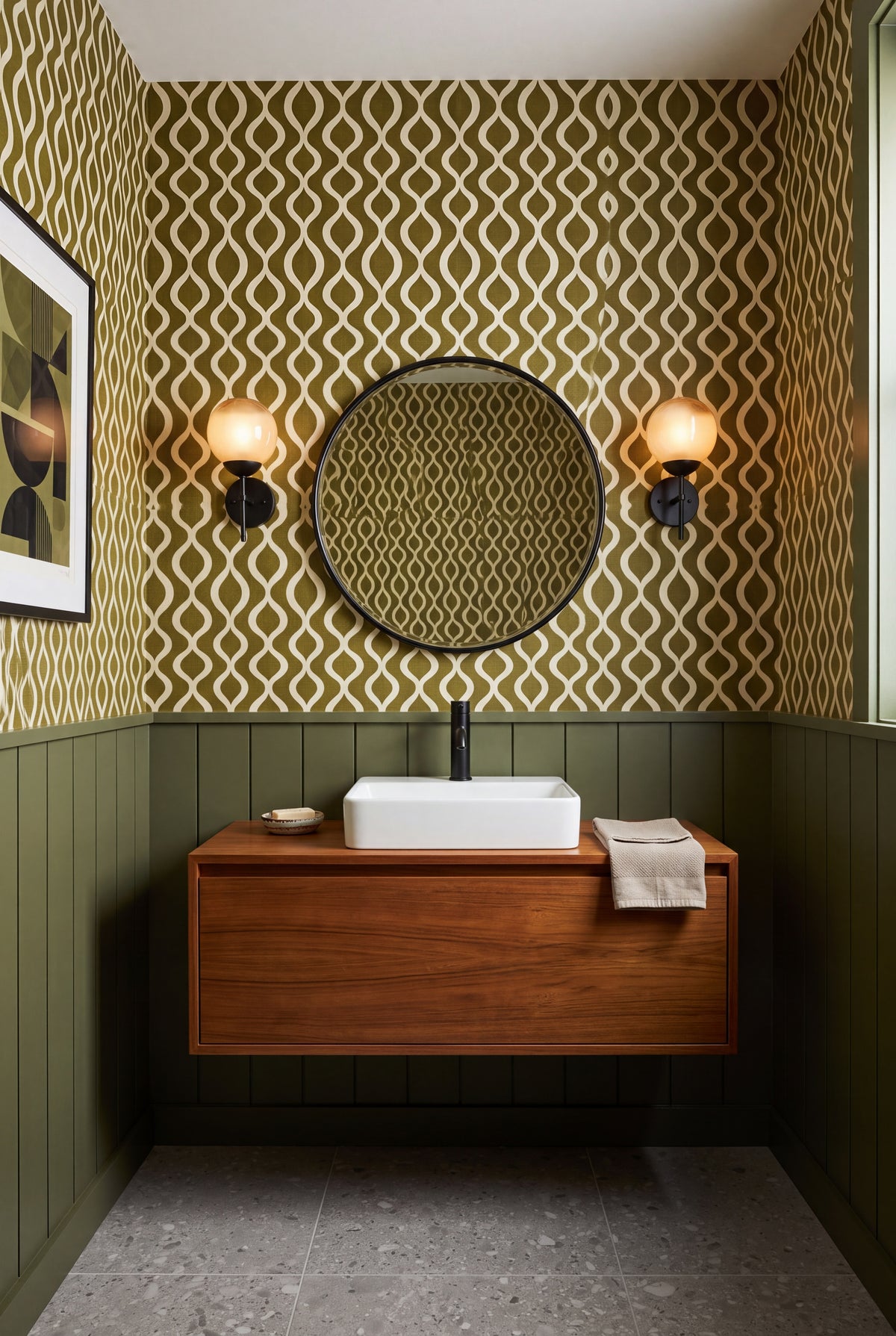 Olive Pendulum wallpaper shown in a powder room