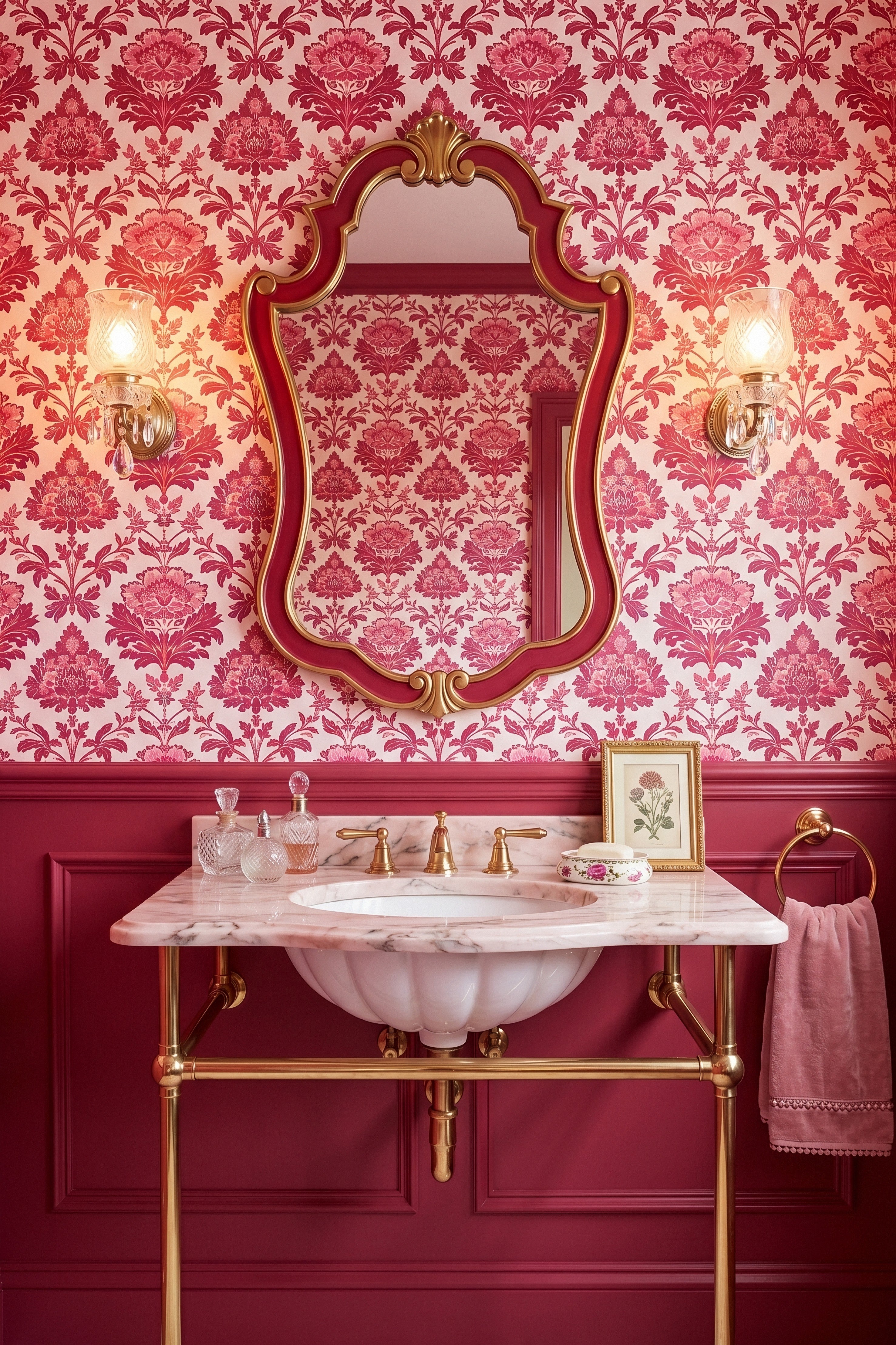 Dollhouse wallpaper shown in a powder room