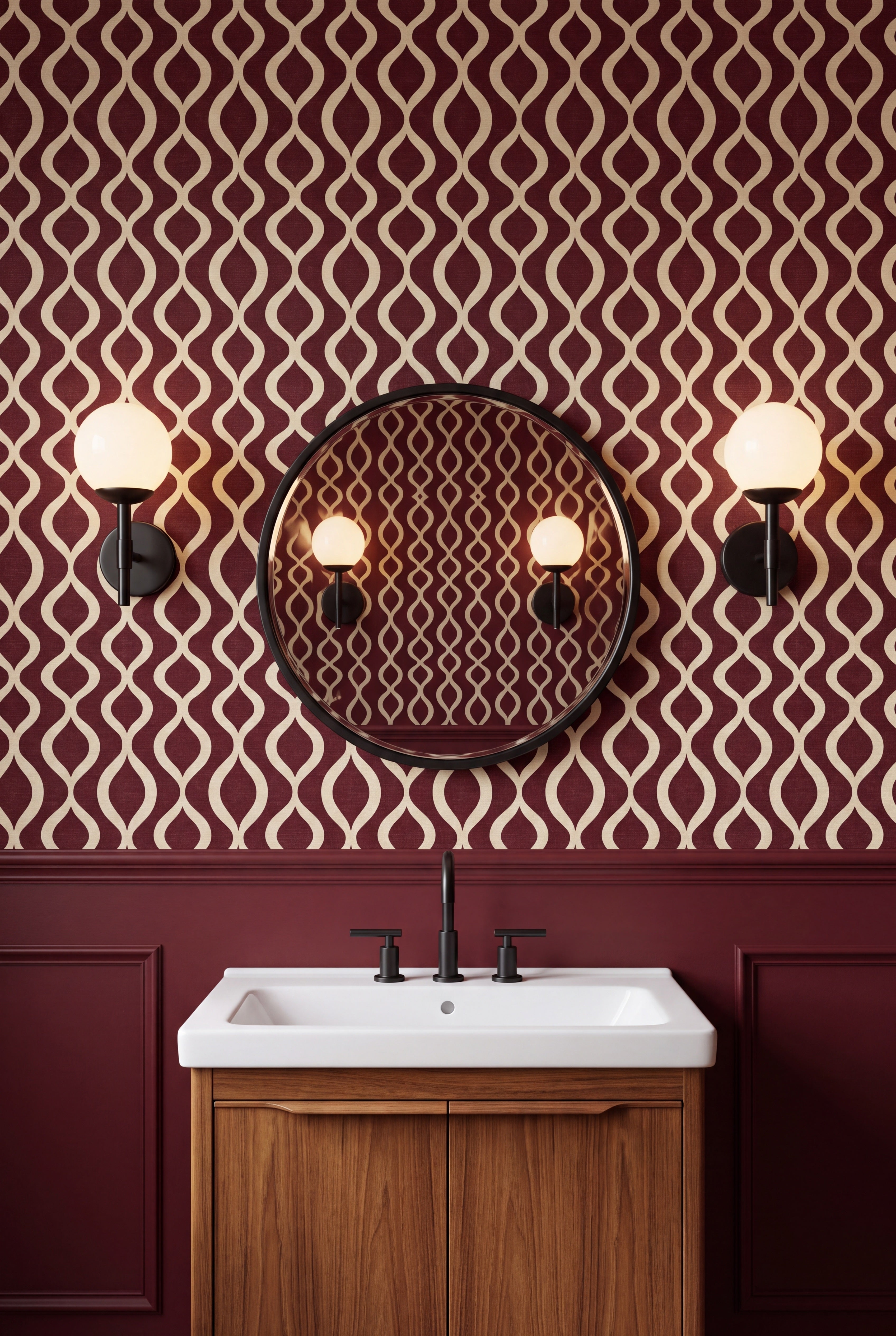 Claret Pendulum wallpaper shown in a powder room