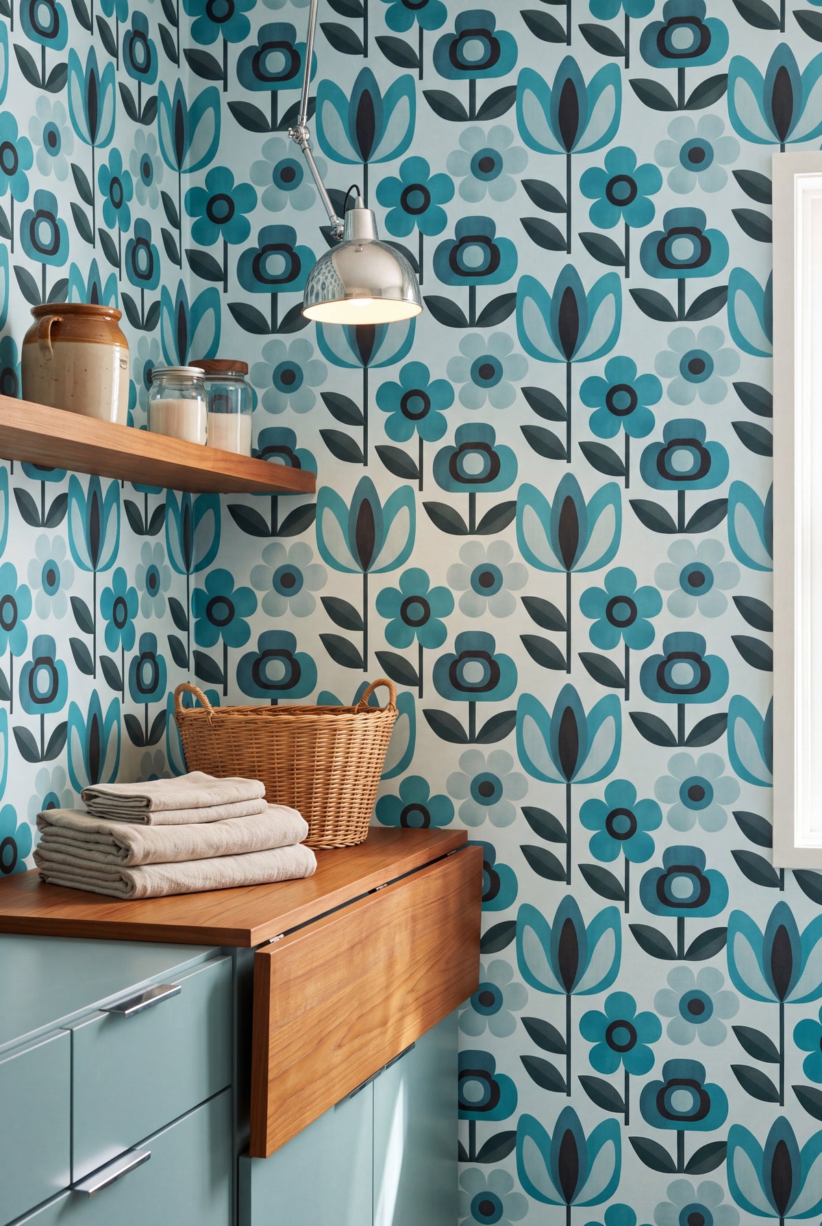Aqua Daisy wallpaper shown in a laundry room