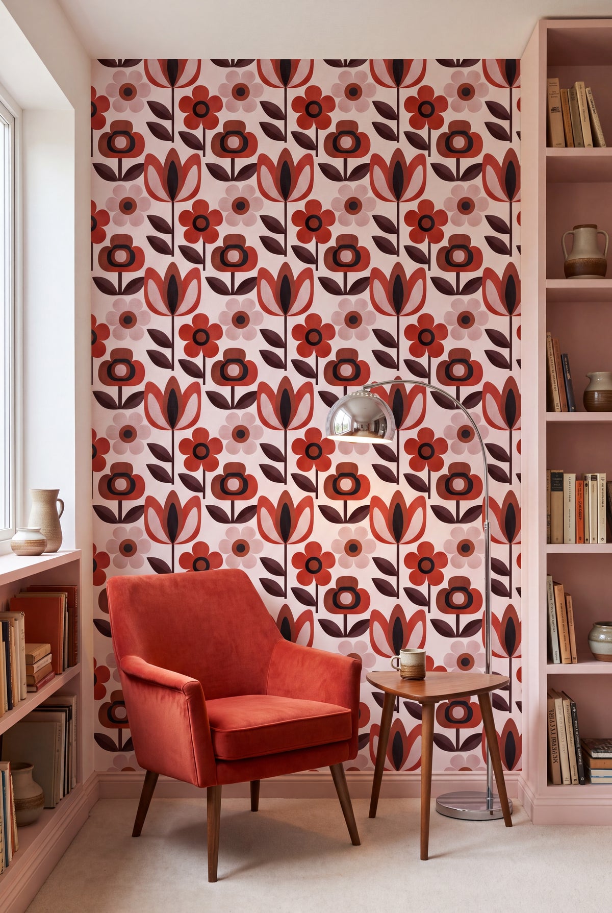 Scarlet Daisy wallpaper shown in a reading nook