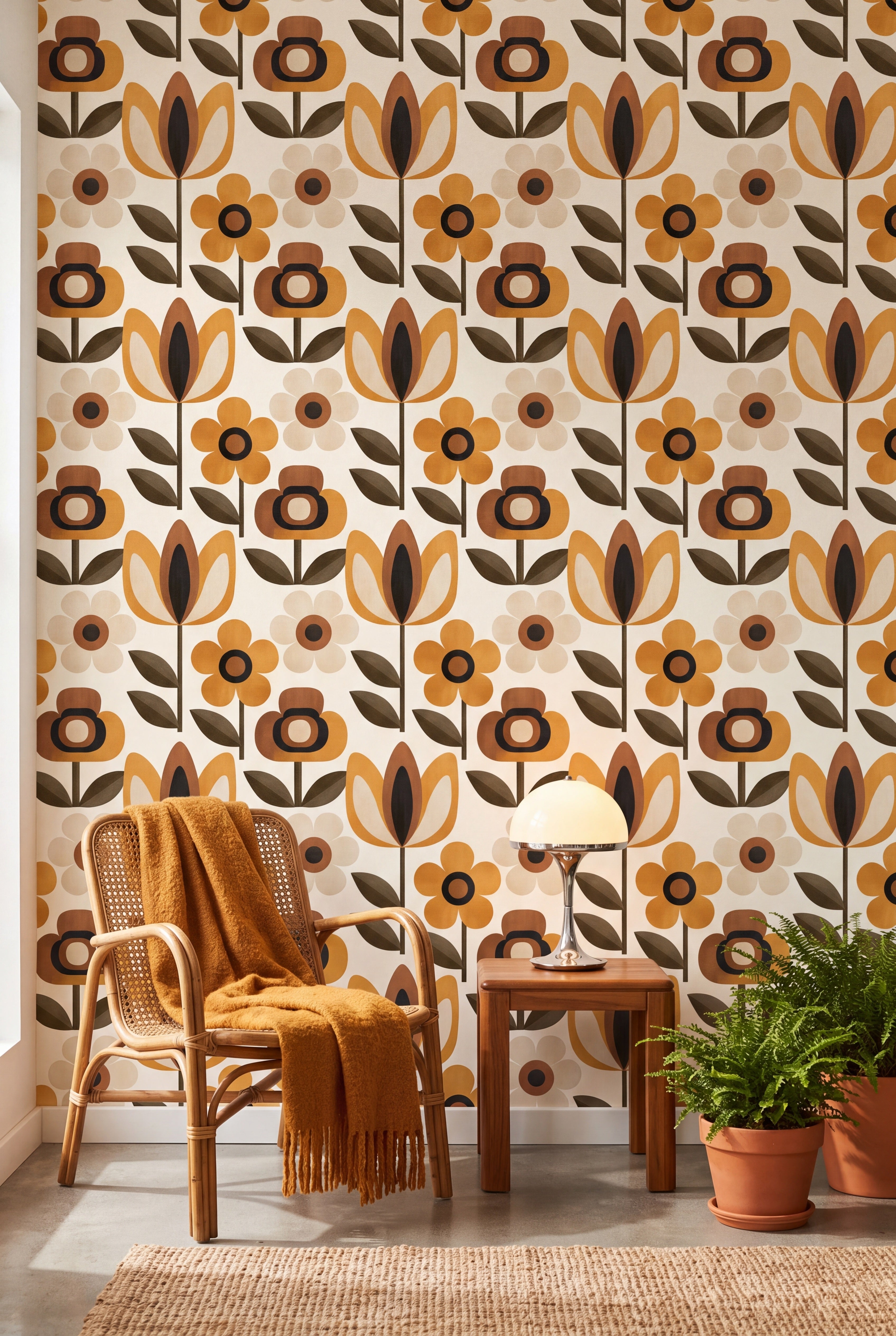 Marigold Daisy wallpaper shown in a sunroom
