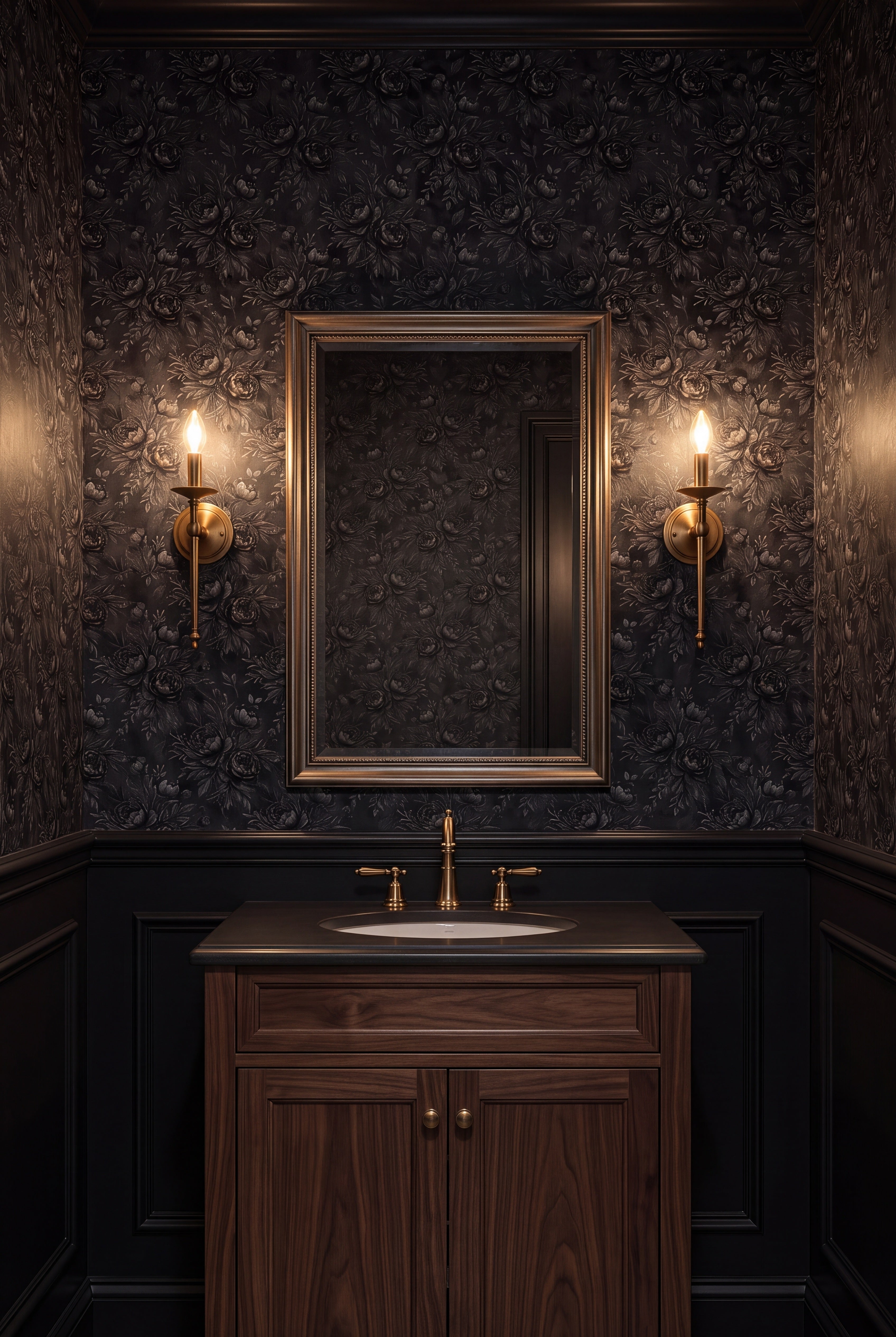 Ink Rose Relief wallpaper shown in a powder room