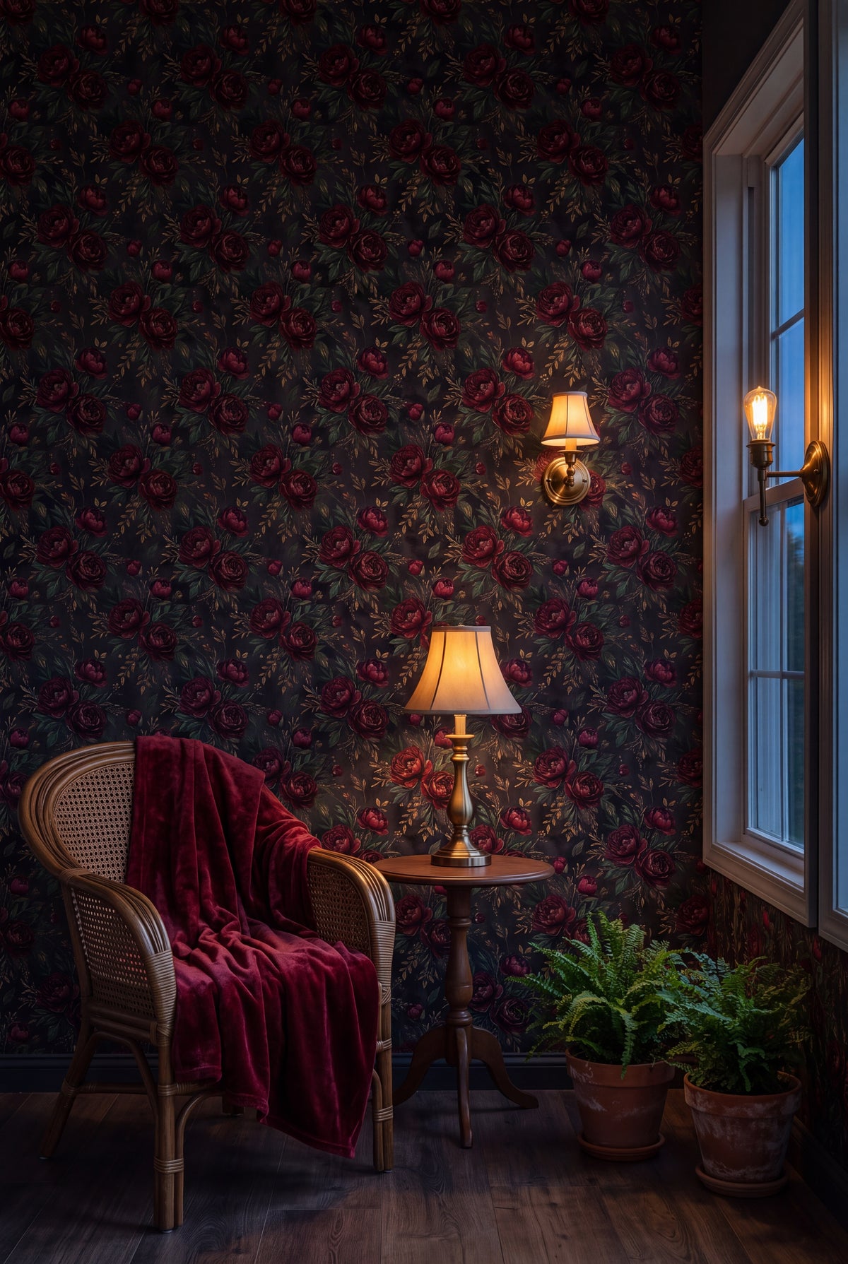 Garnet Peony wallpaper shown in a sunroom