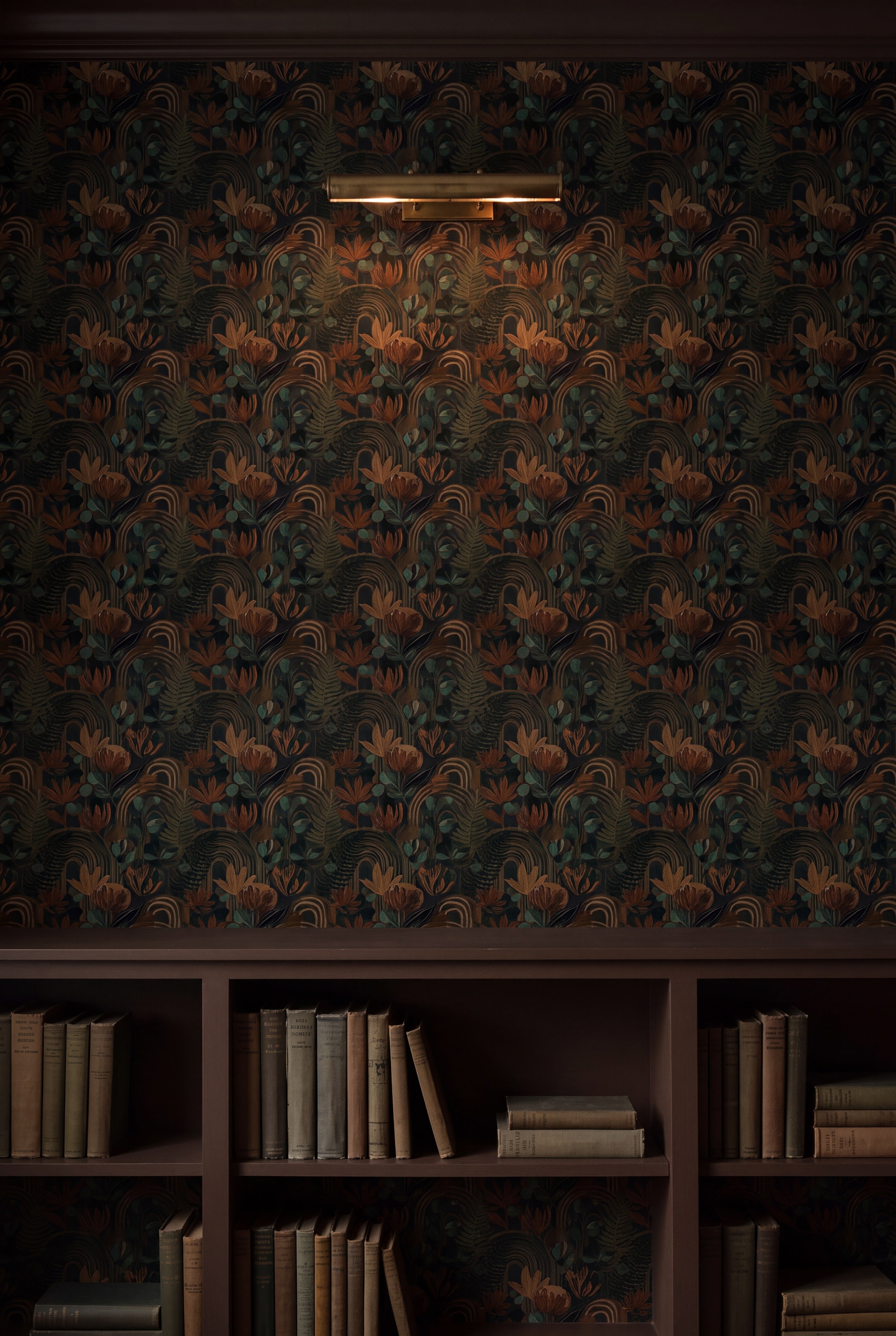 Umber Arbor wallpaper shown in a library