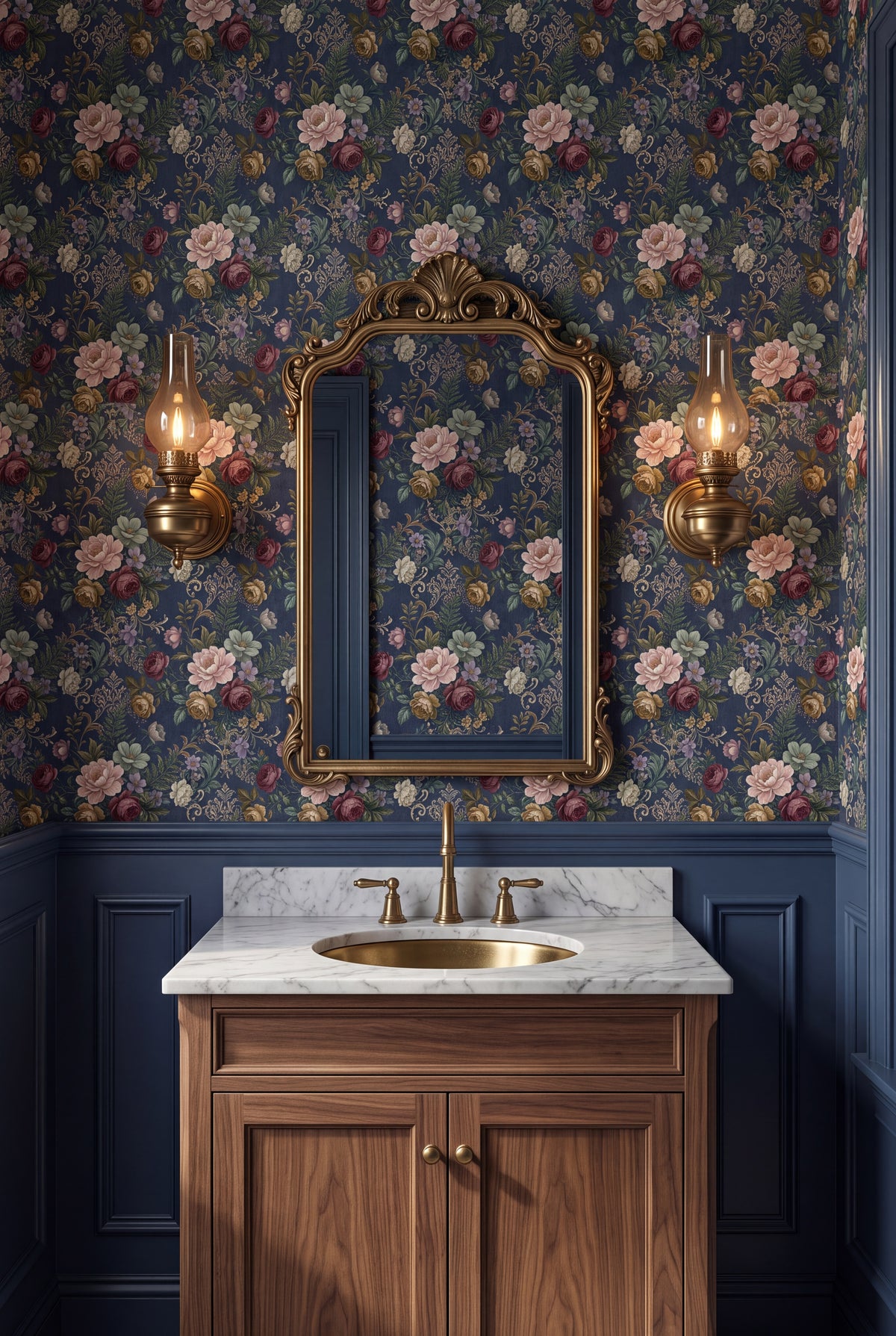 Indigo Chintz wallpaper shown in a powder room
