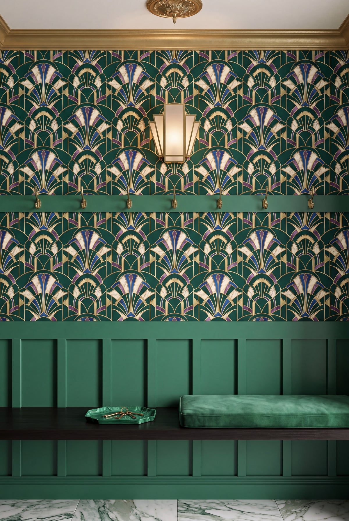 Malachite Arch wallpaper shown in a mudroom