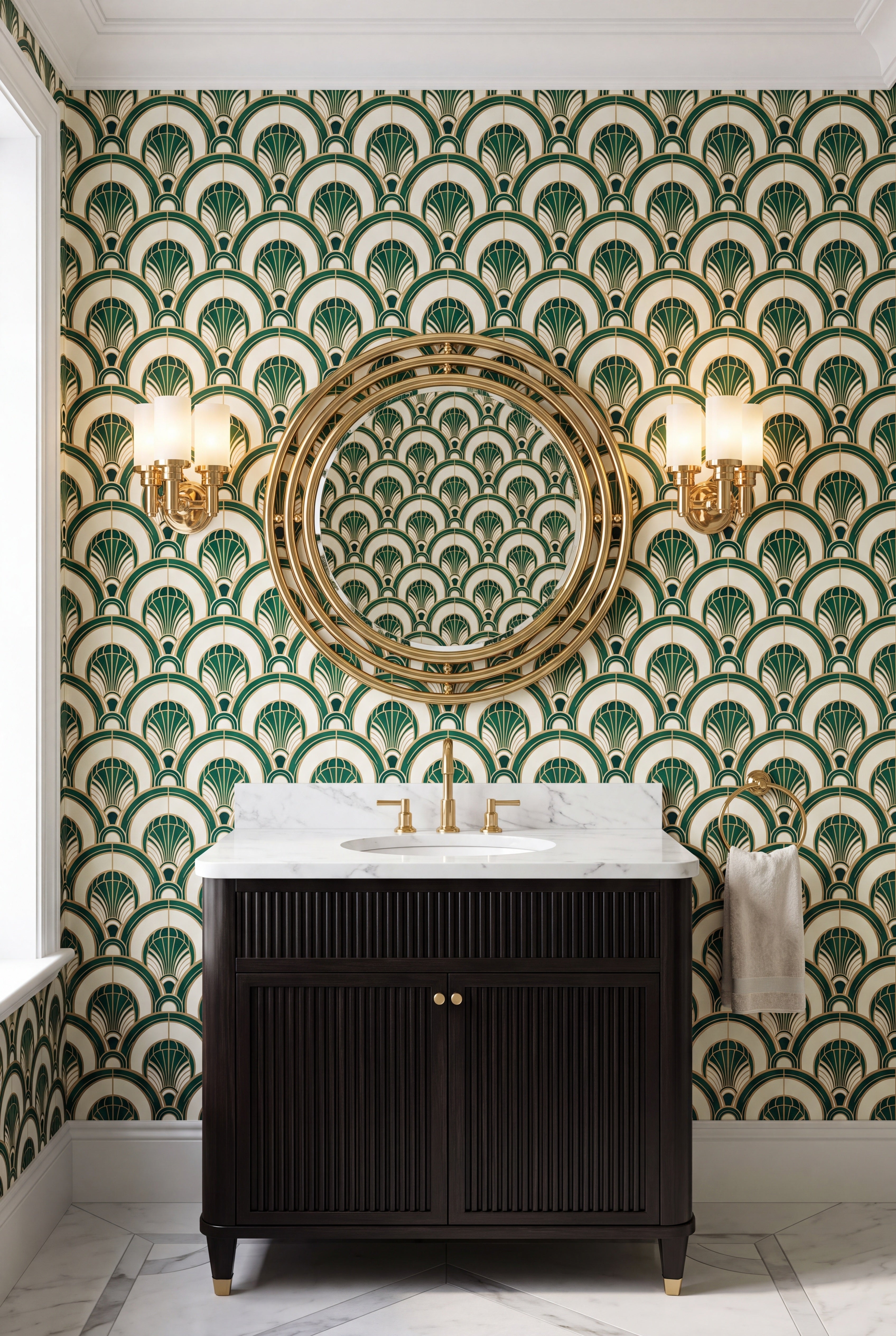 Ivory Deco Arch wallpaper shown in a powder room