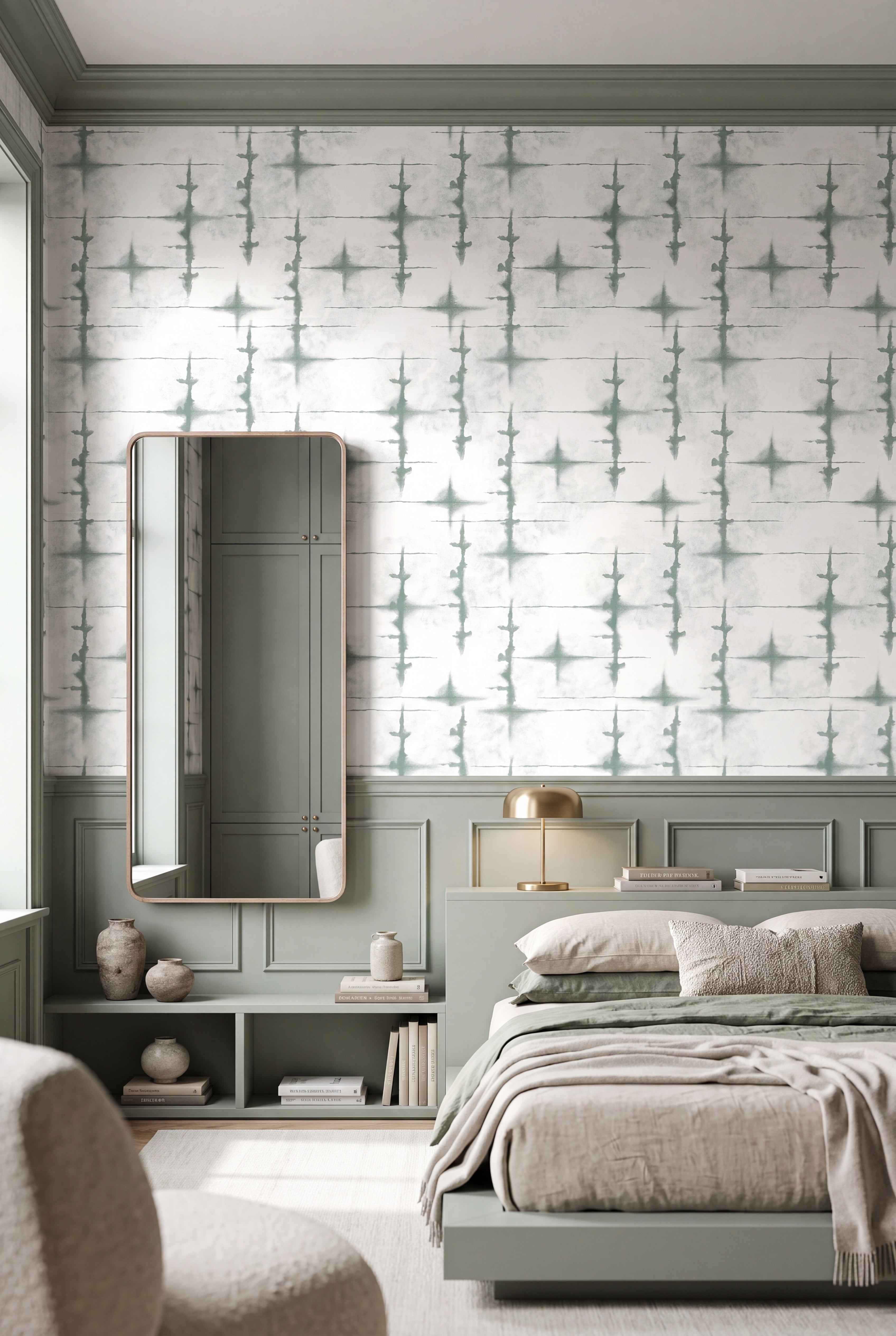 Julep Swirl wallpaper shown in a bedroom