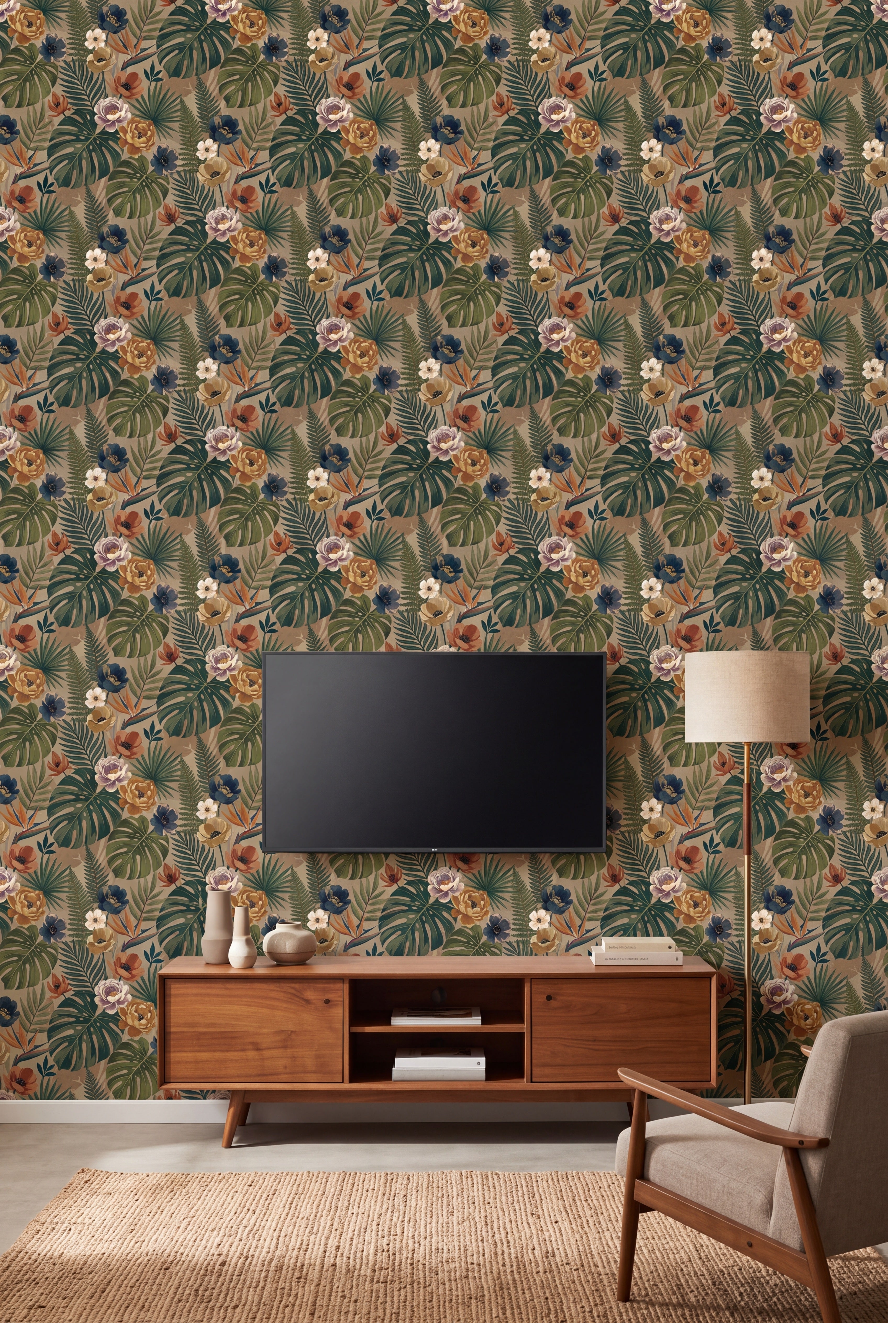 Taupe Tropic wallpaper shown in a media room
