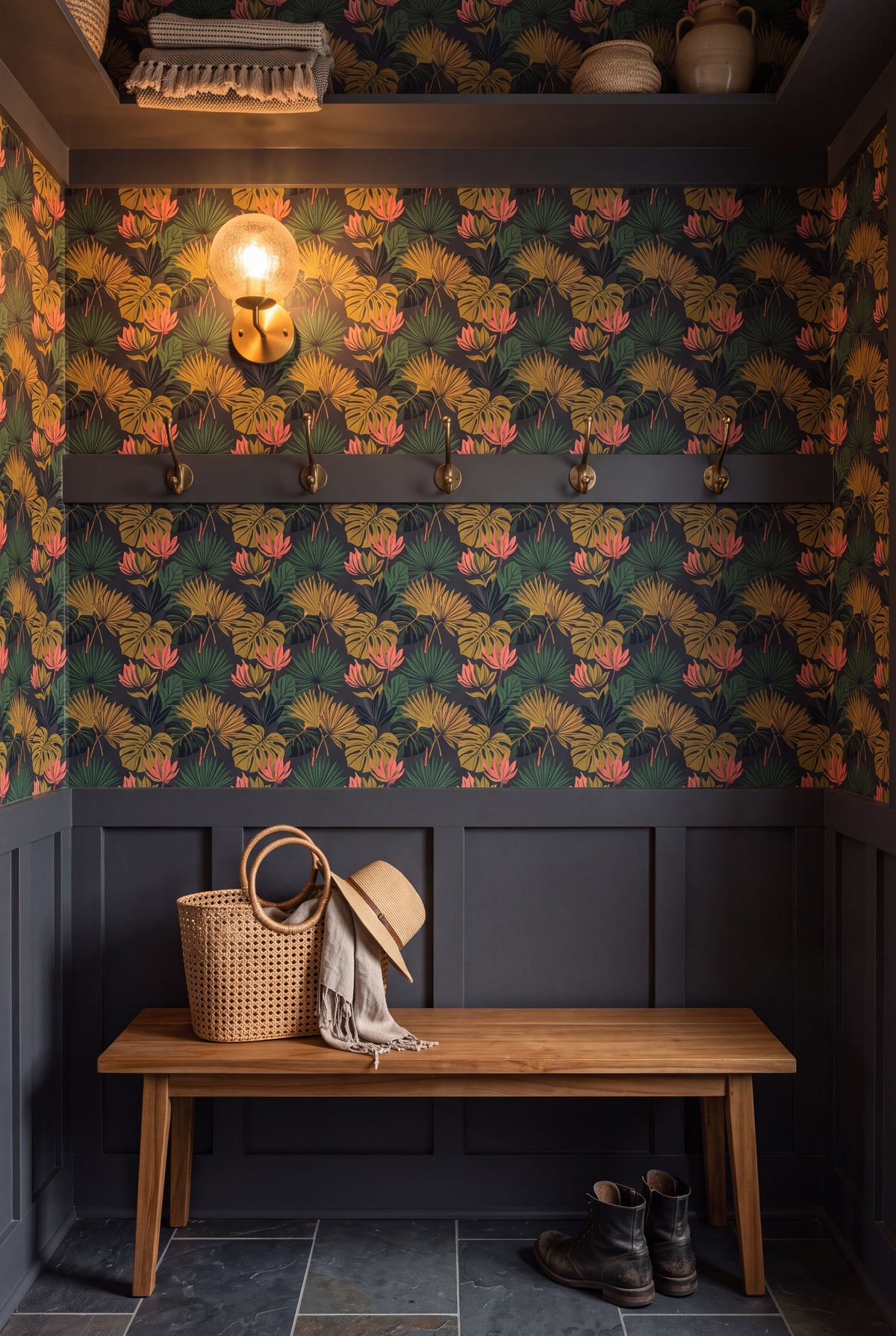 Gilded Palm wallpaper shown in a mudroom