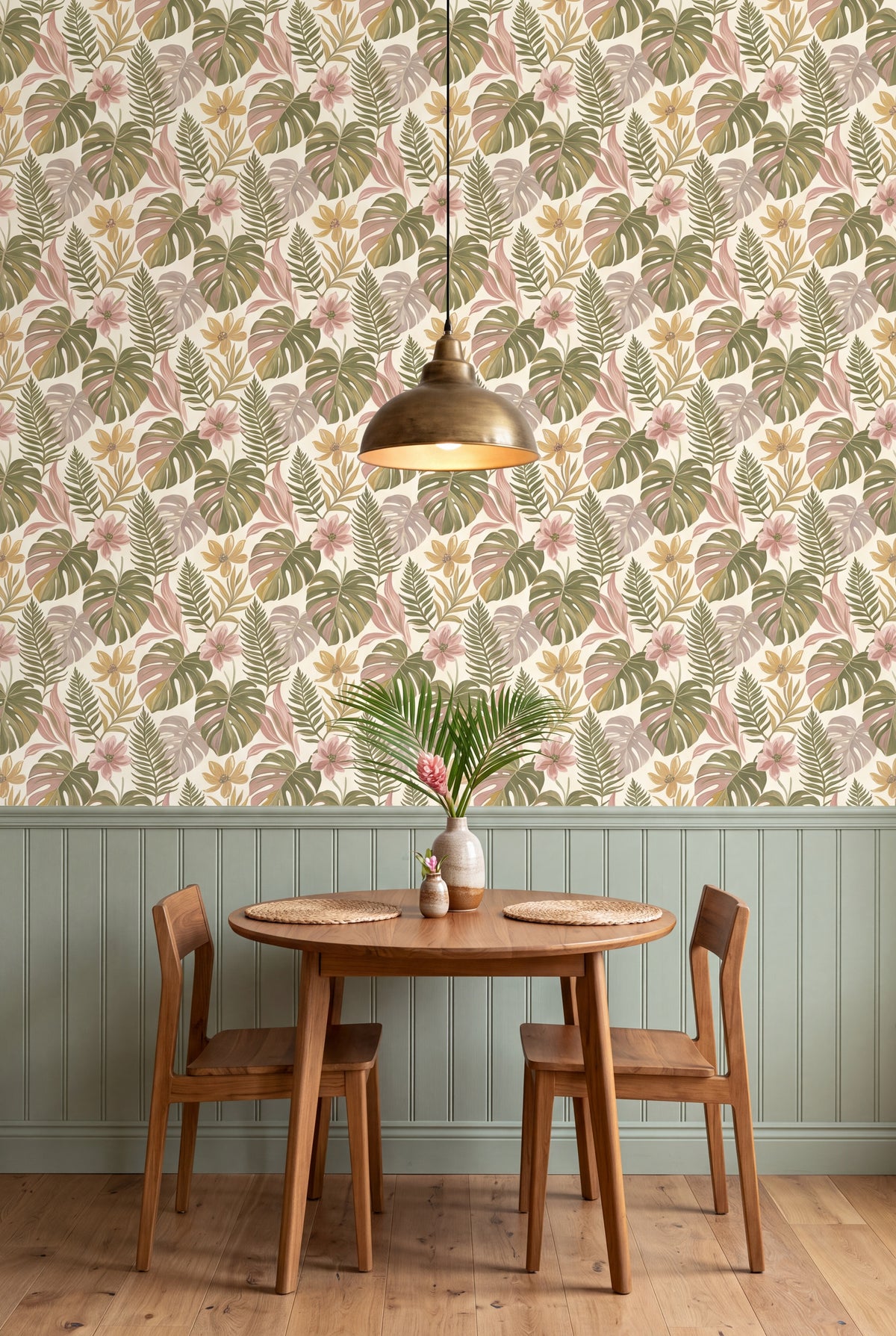Fernwood Blush wallpaper shown in a kitchen breakfast nook
