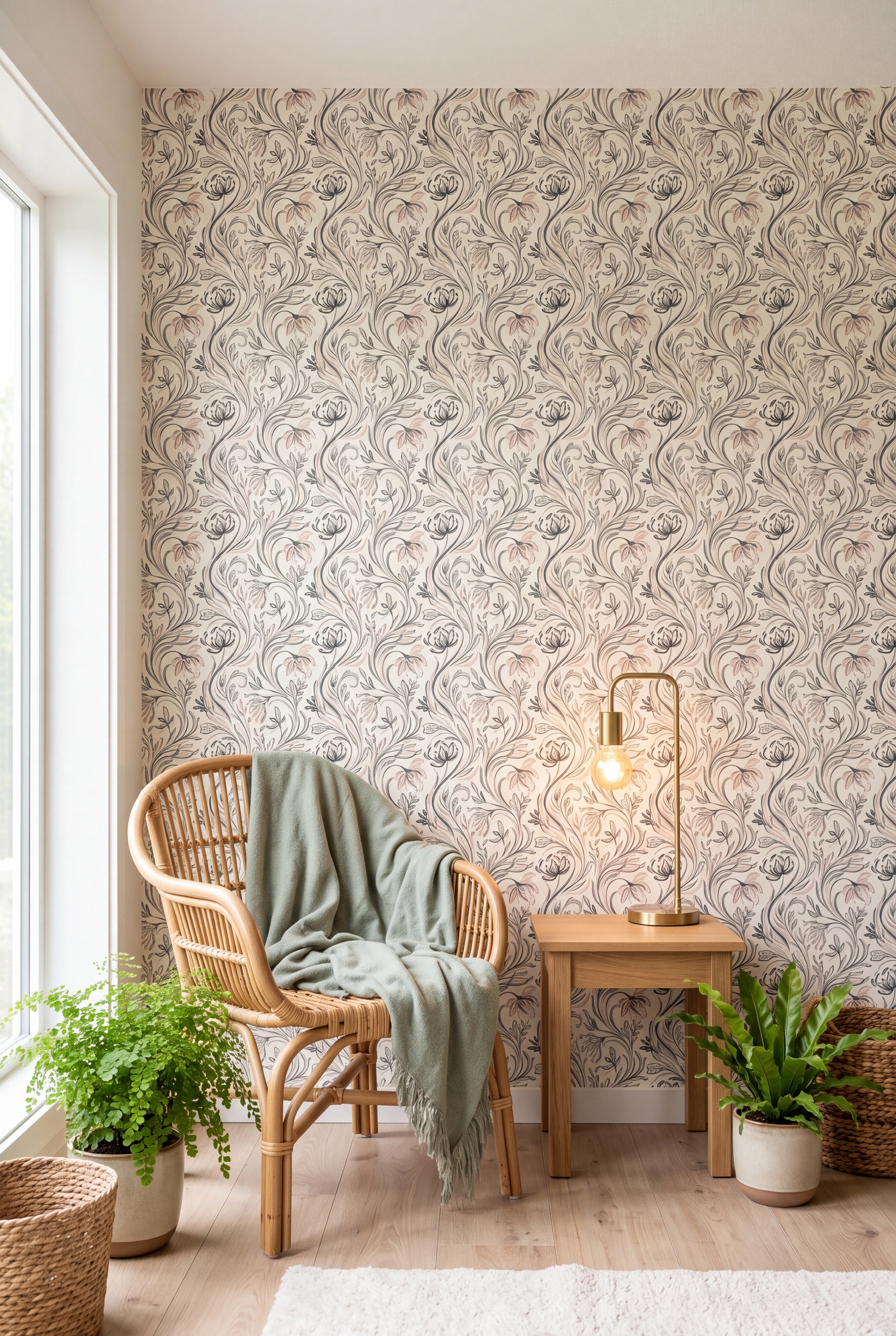 Pencil Botanical wallpaper shown in a sunroom