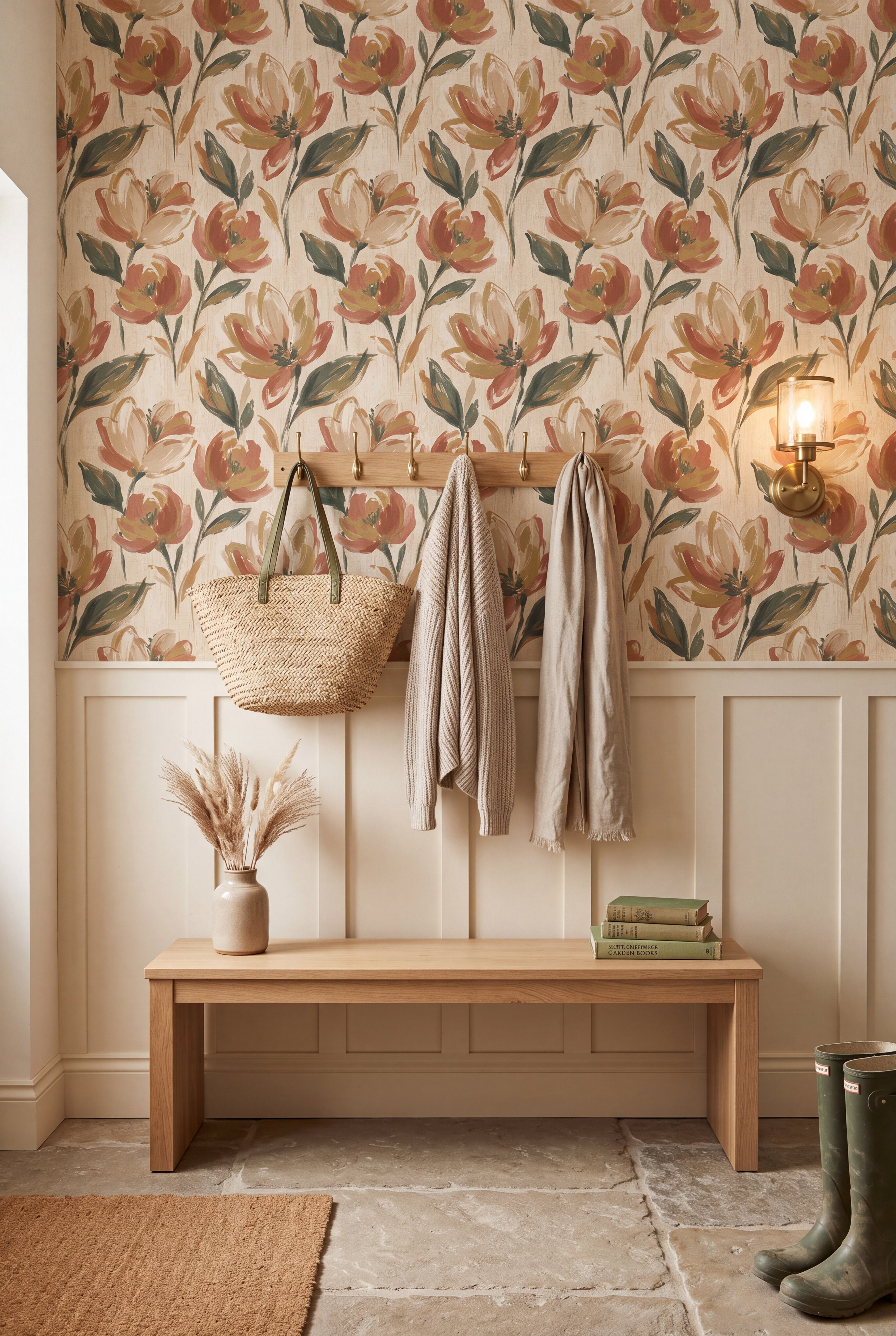 Magnolia Study wallpaper shown in a mudroom