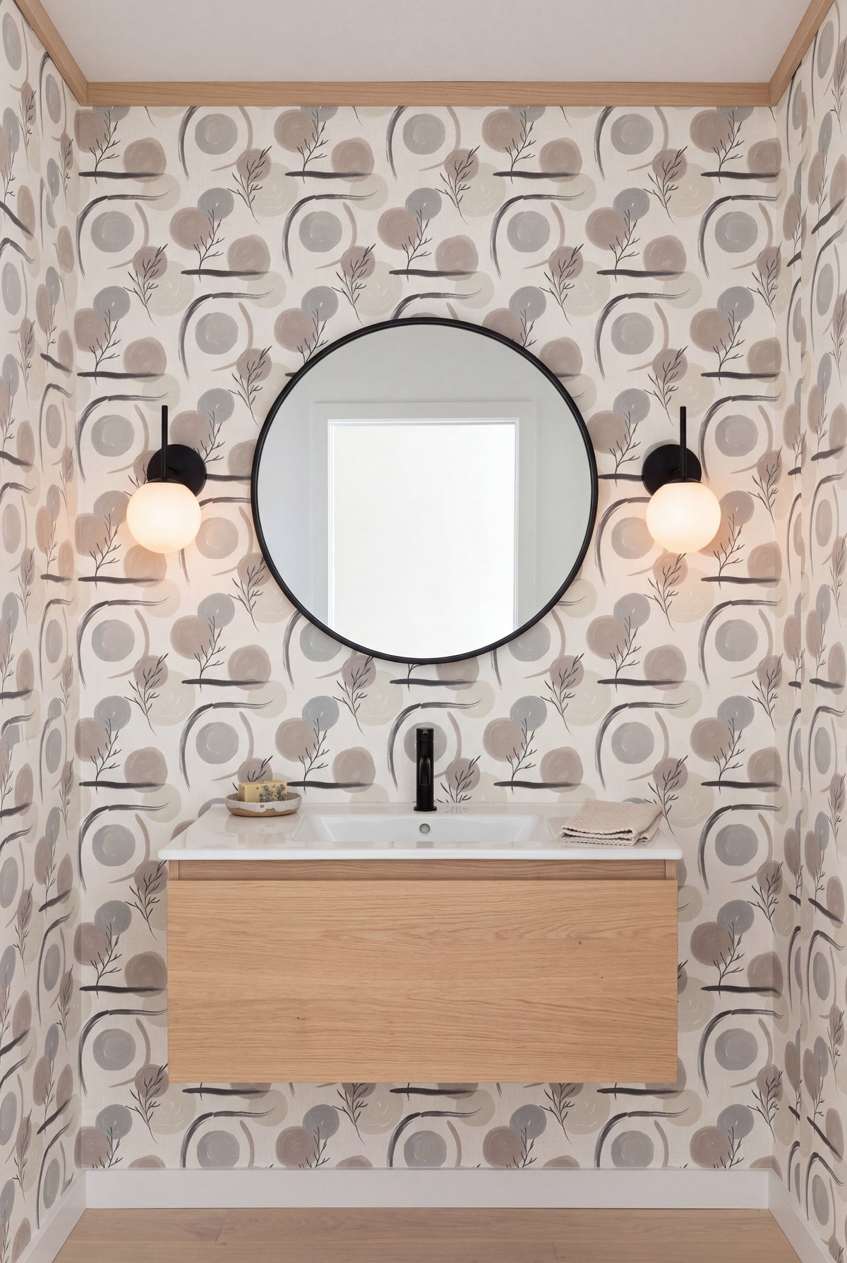 Ink and Stone wallpaper shown in a powder room