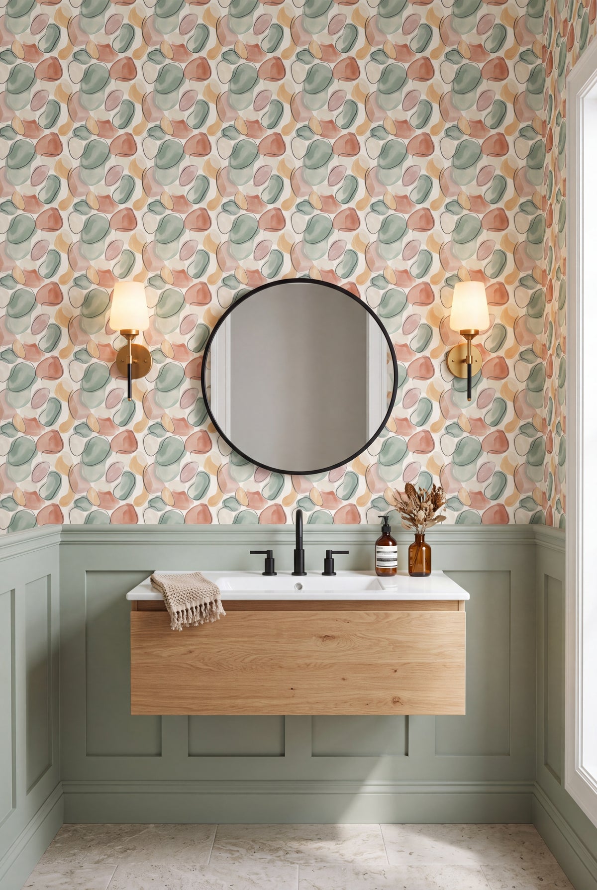 River Pebble wallpaper shown in a powder room