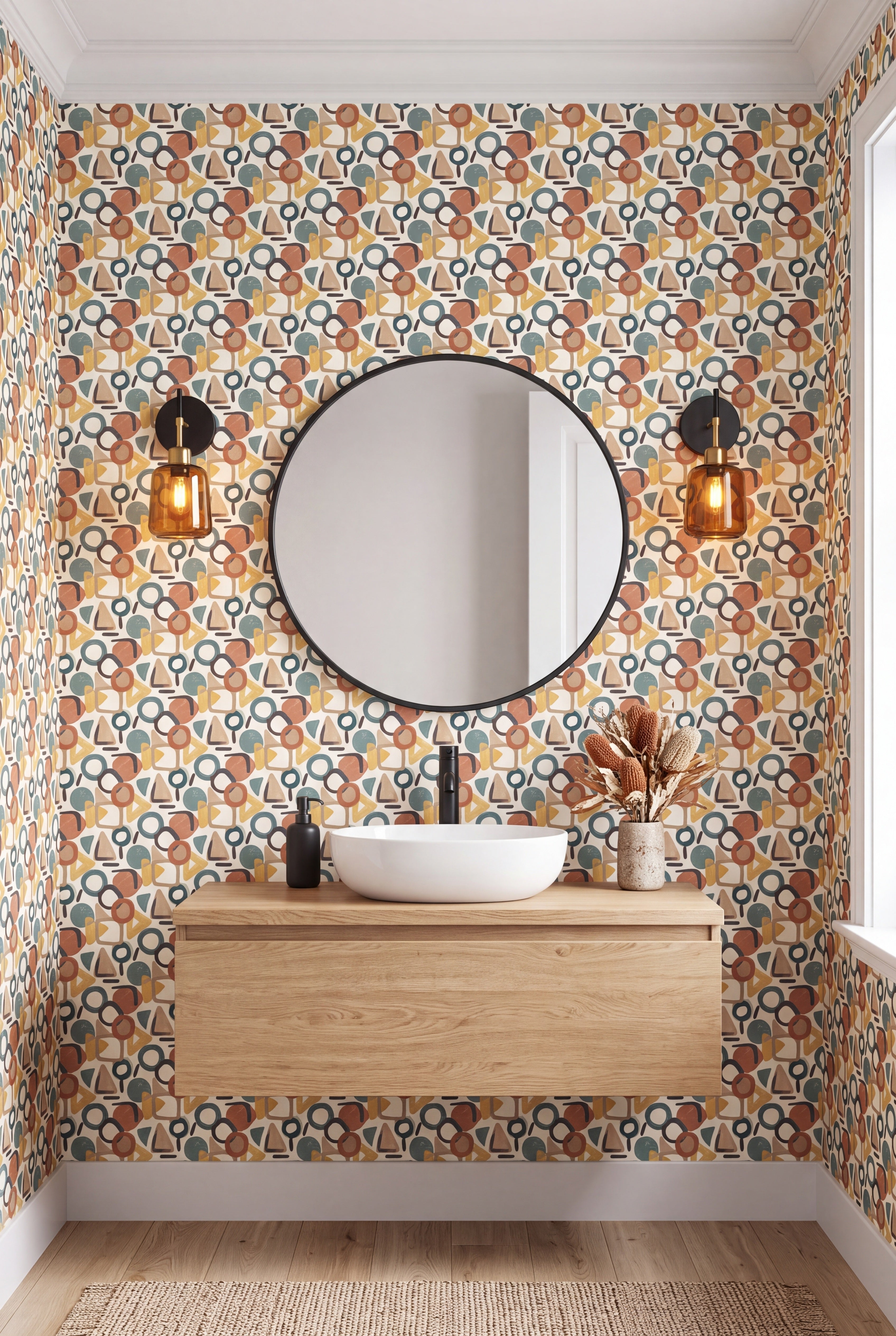 Mod Loop wallpaper shown in a powder room