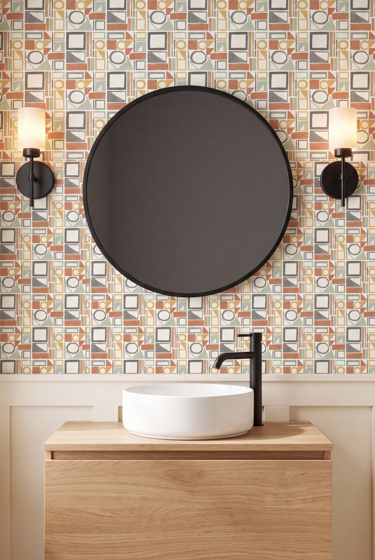 Blockwork wallpaper shown in a powder room