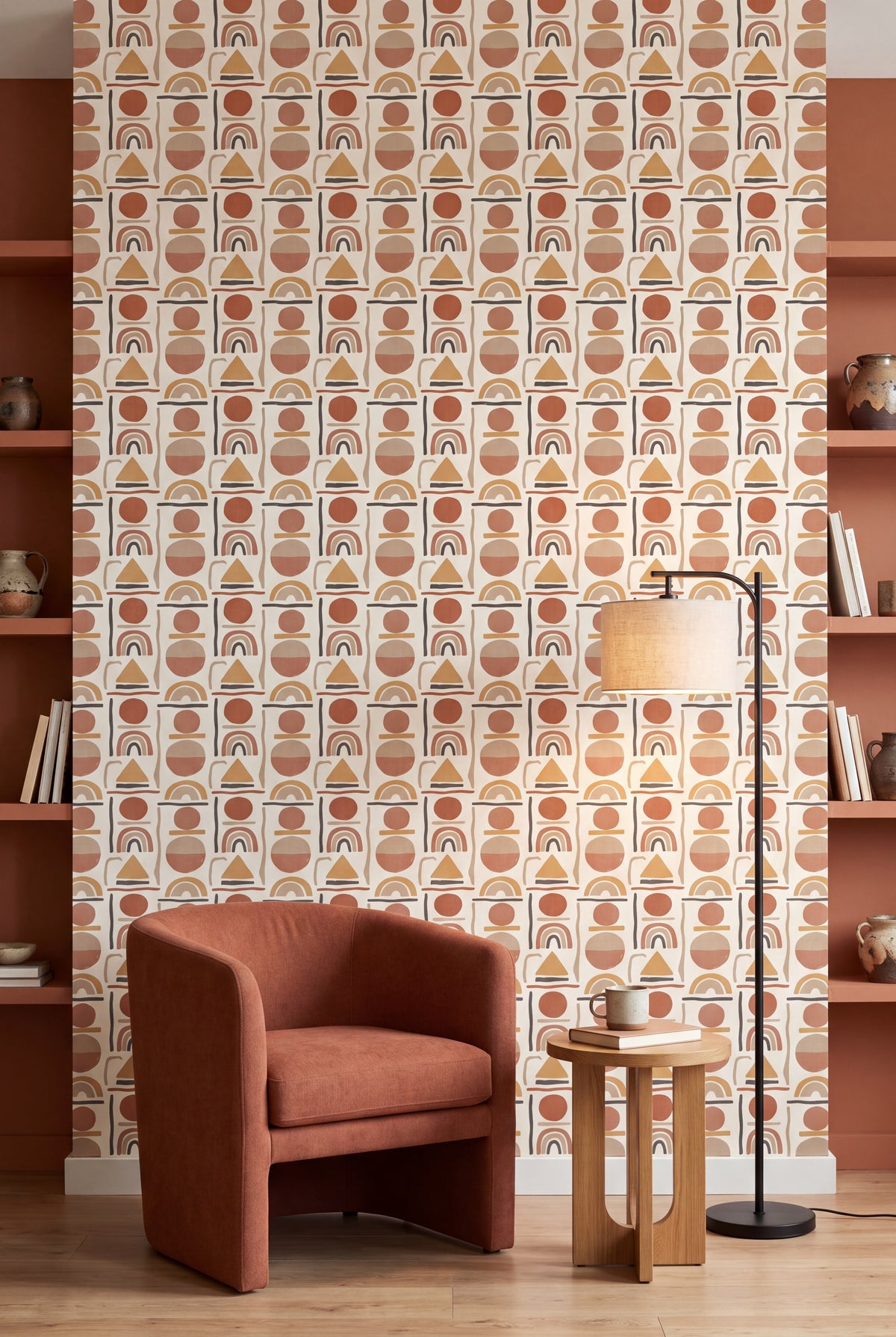 Terracotta Arch wallpaper shown in a reading nook
