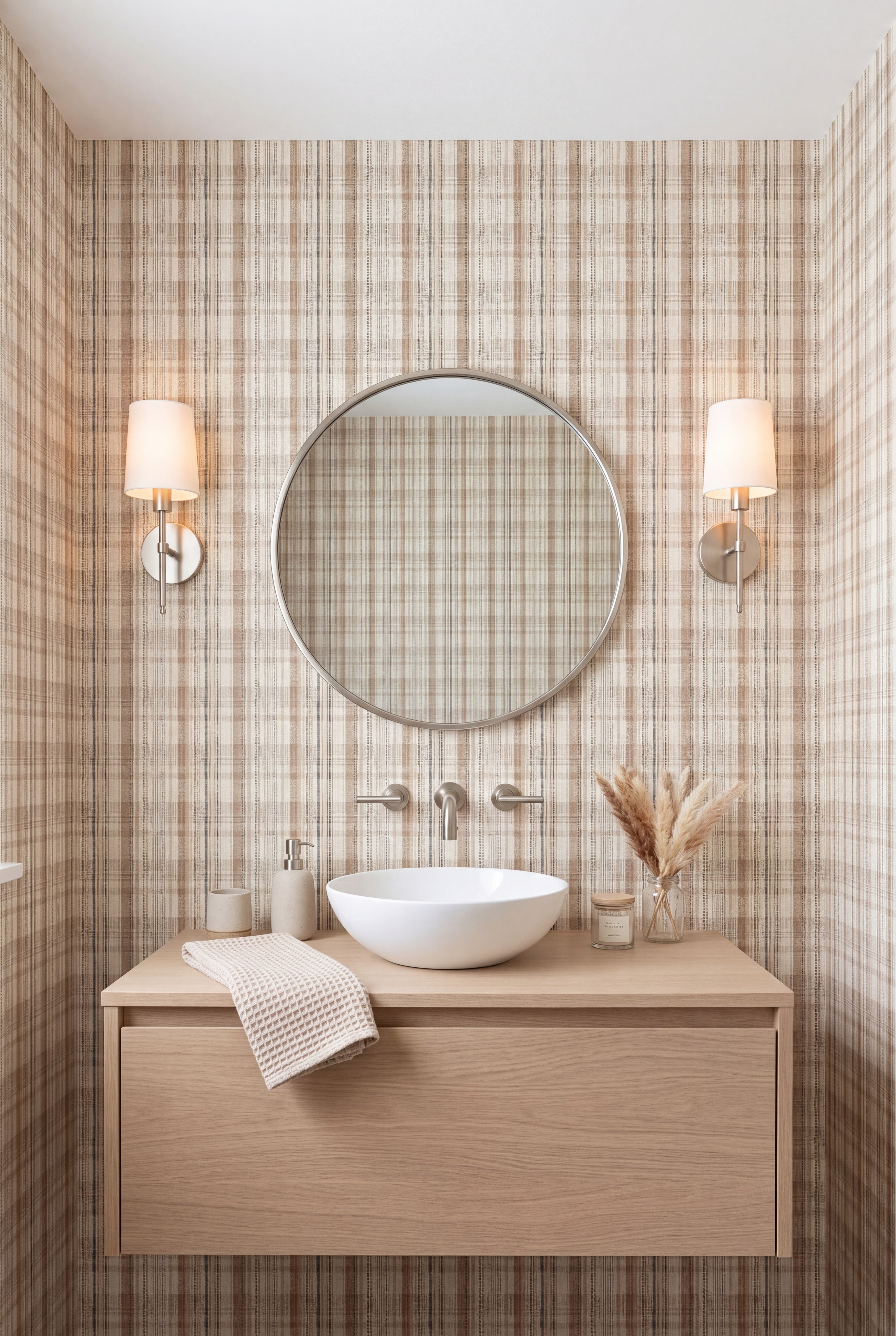 Blush Plaid wallpaper shown in a powder room