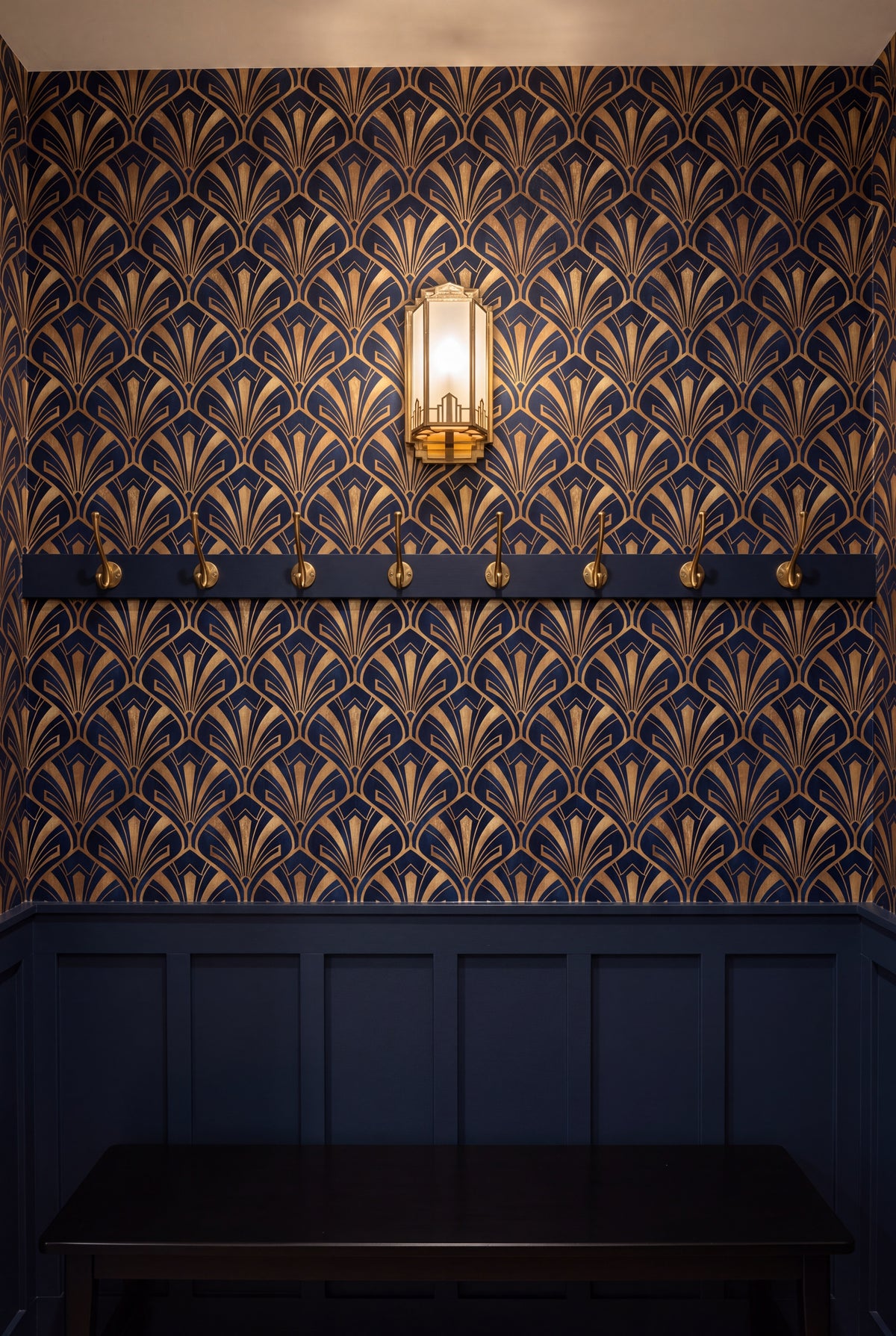 Midnight Plume wallpaper shown in a mudroom