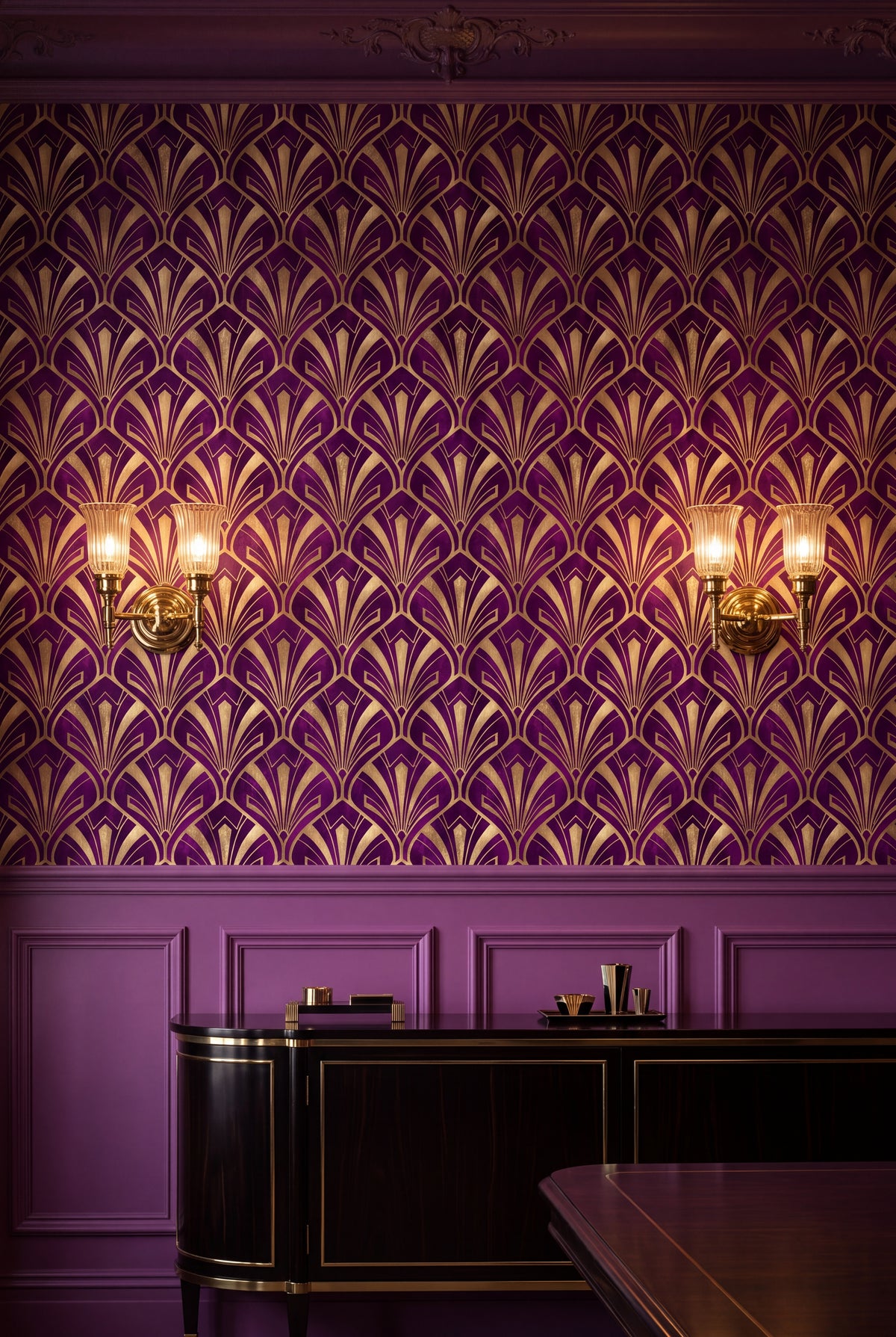 Orchid Plume wallpaper shown in a dining room