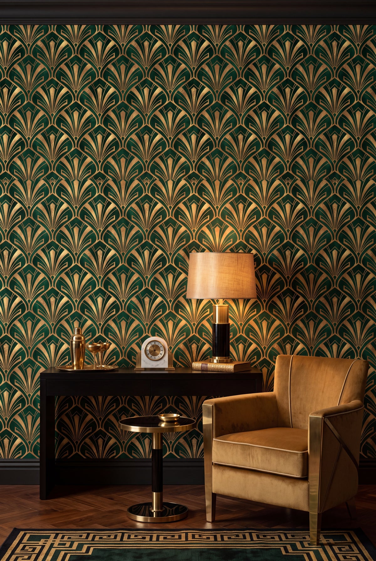 Emerald Plume wallpaper shown in a living room