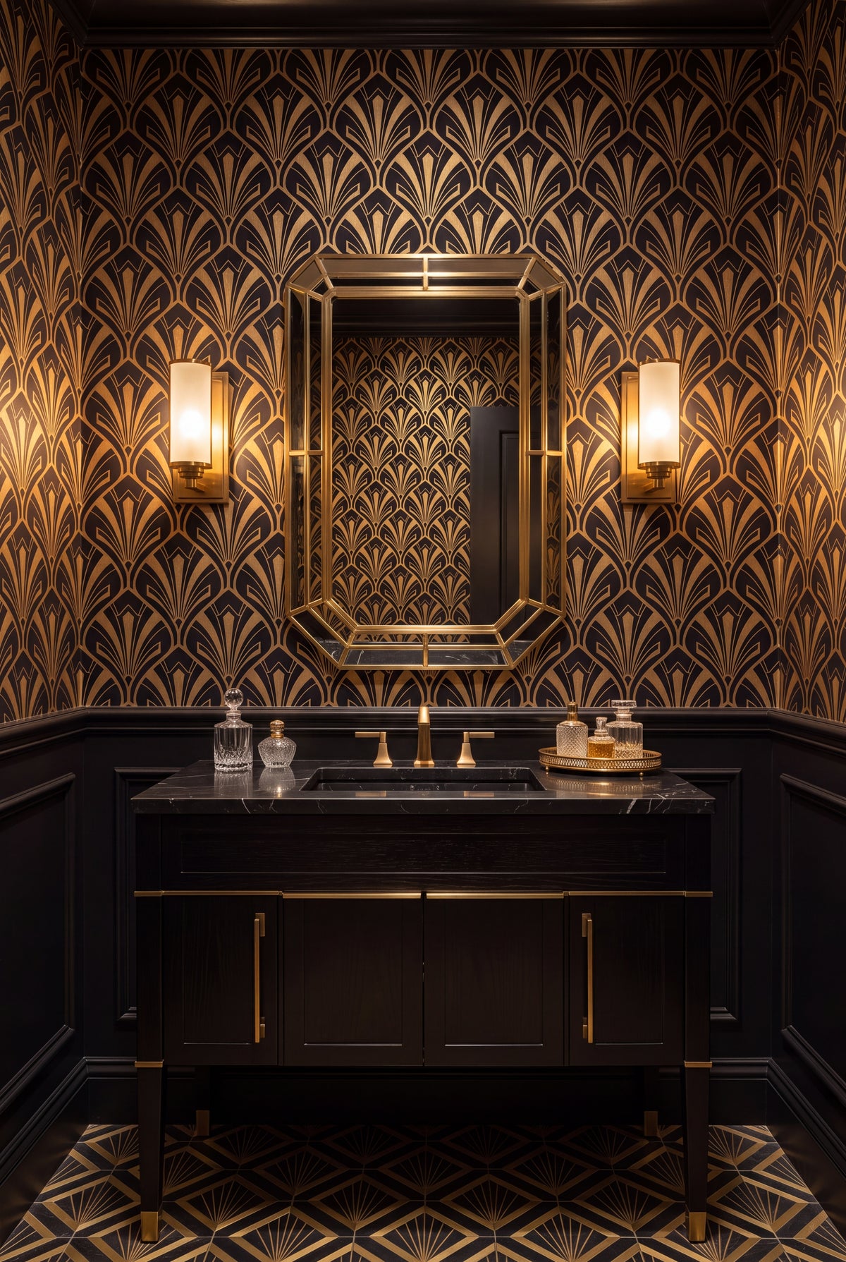 Onyx Plume wallpaper shown in a powder room