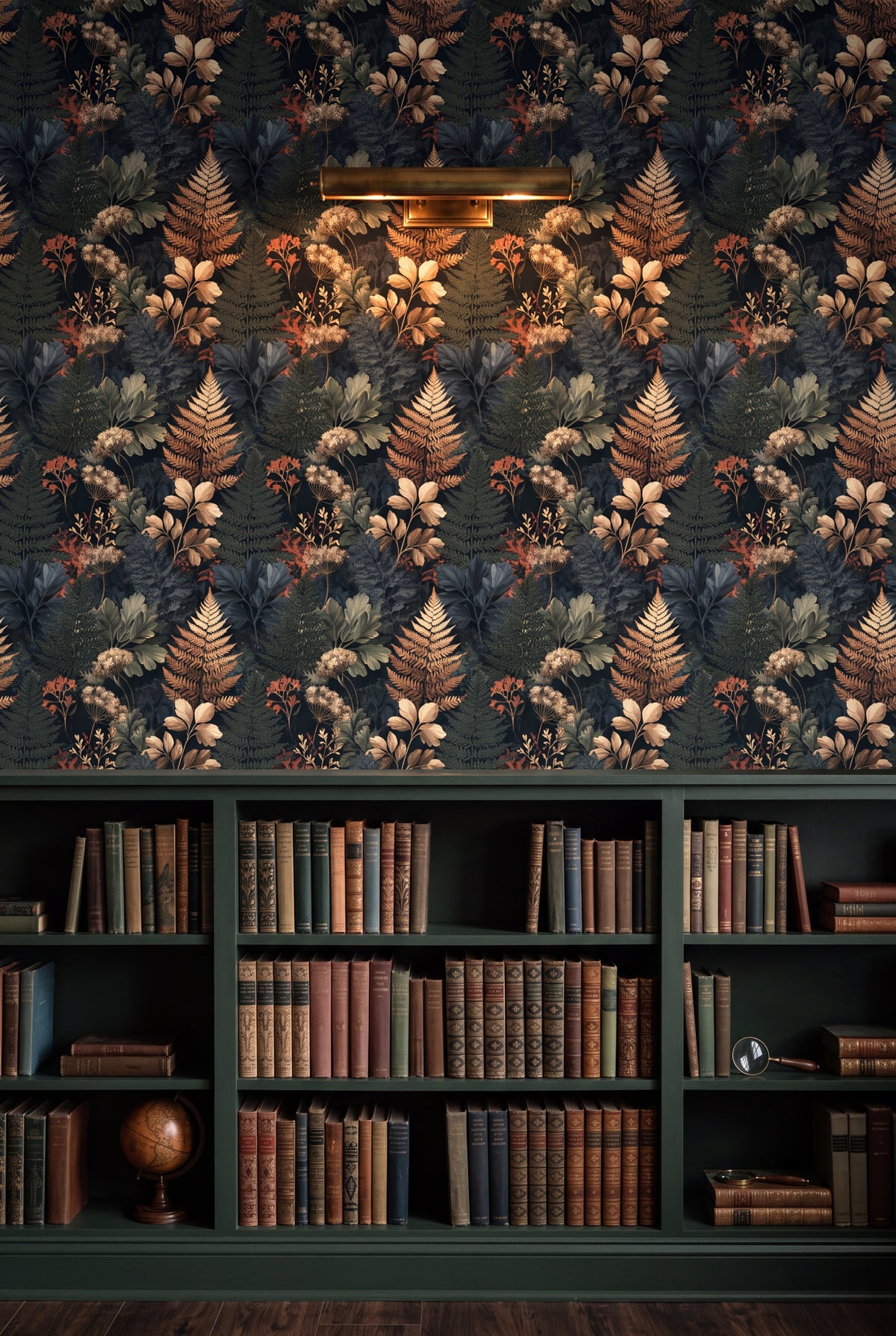 Blush Fernery wallpaper shown in a library