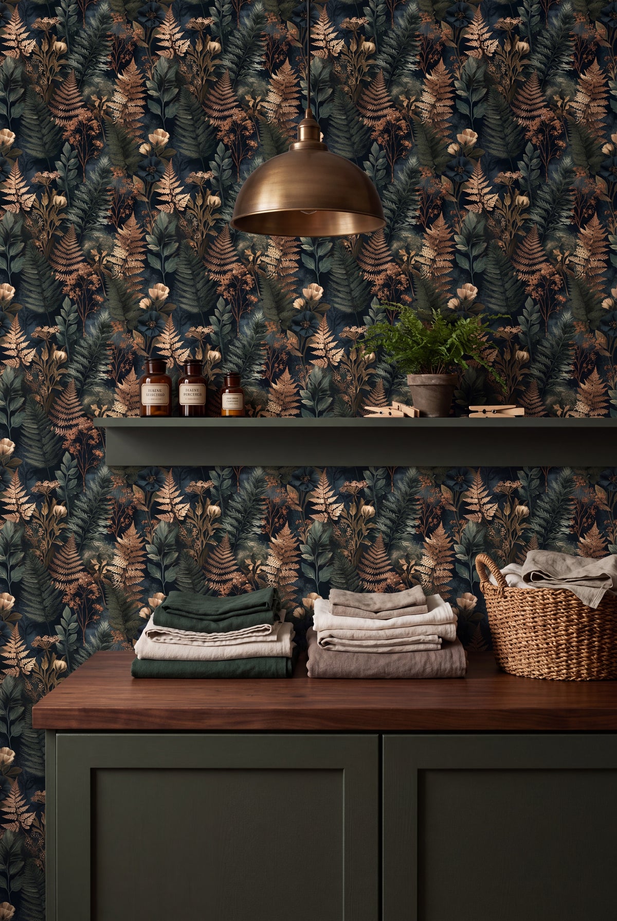 Golden Fernery wallpaper shown in a laundry room