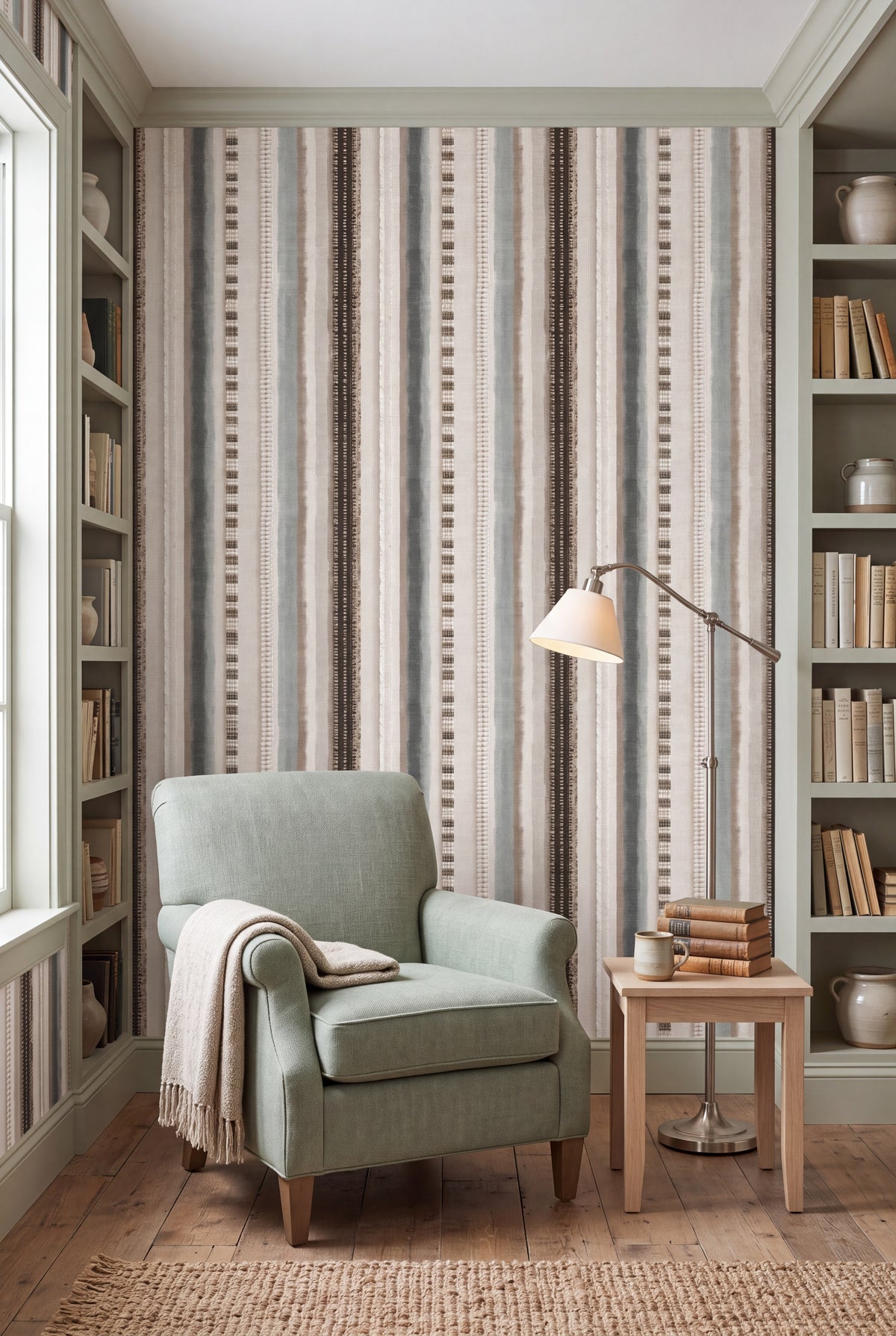 Sage Ticking wallpaper shown in a reading nook