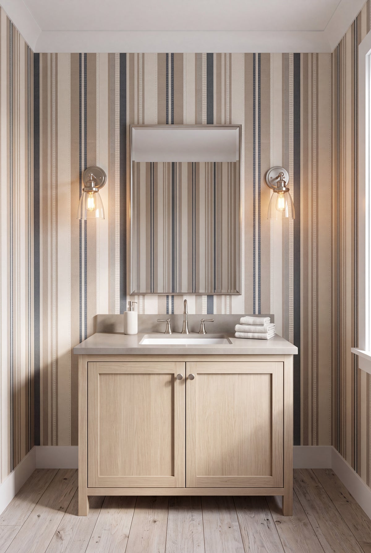 Harbor Ticking wallpaper shown in a powder room