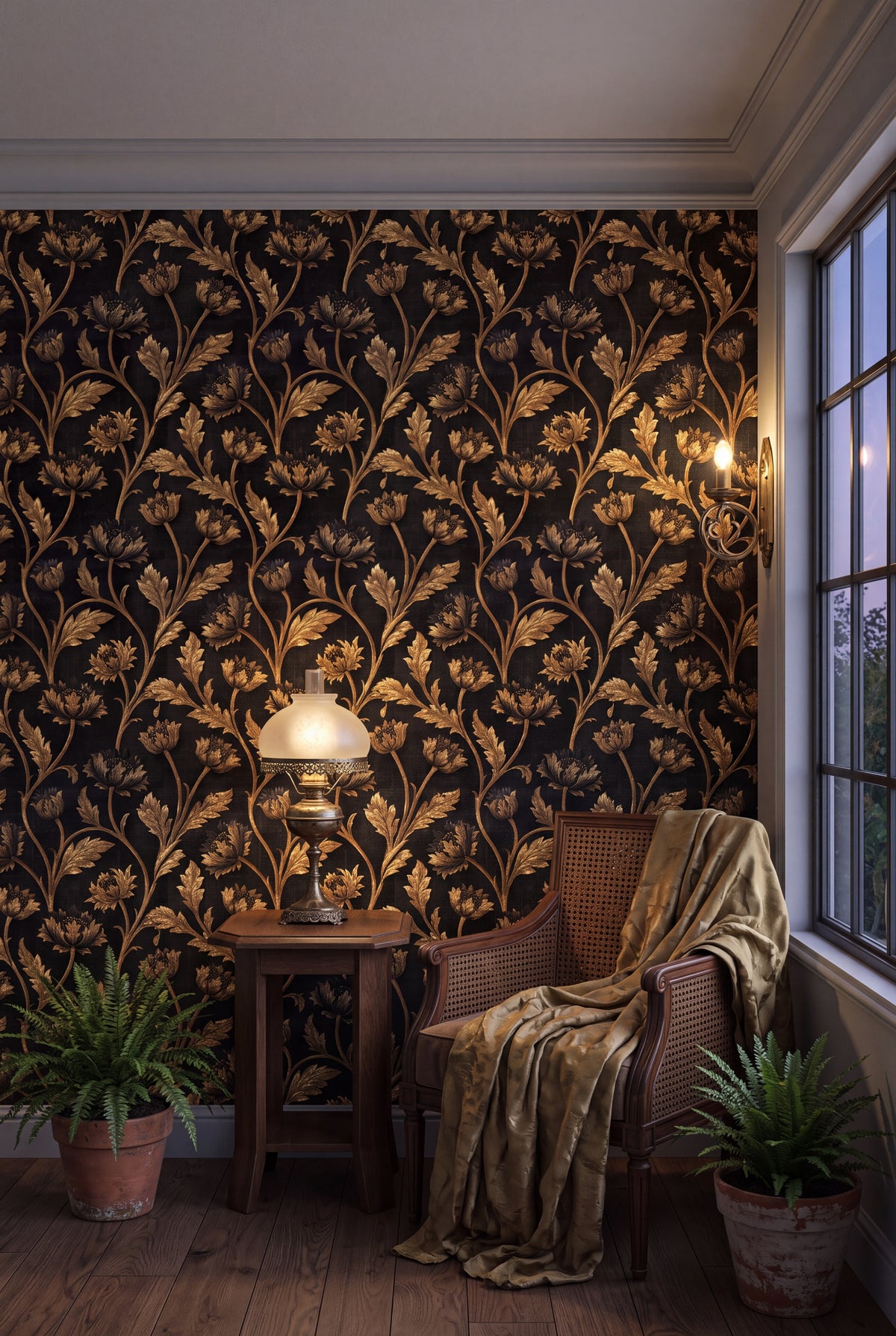 Brass Poppy wallpaper shown in a sunroom