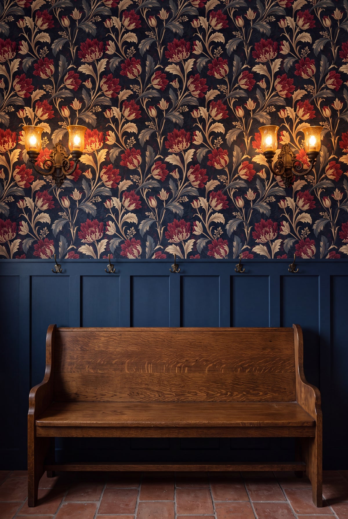 Crimson Abbey wallpaper shown in a mudroom
