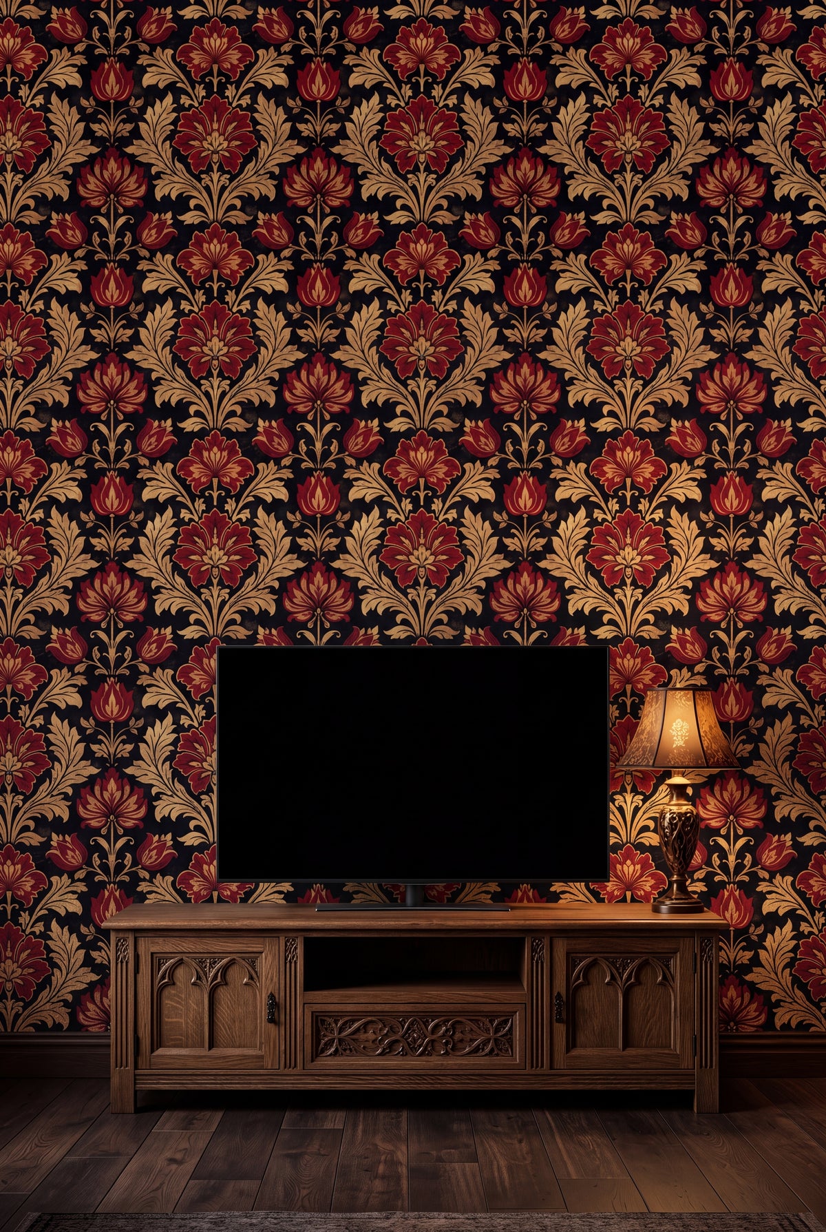 Scarlet Reliquary wallpaper shown in a media room