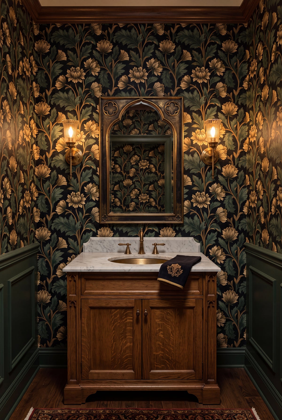 Chapel Green wallpaper shown in a powder room