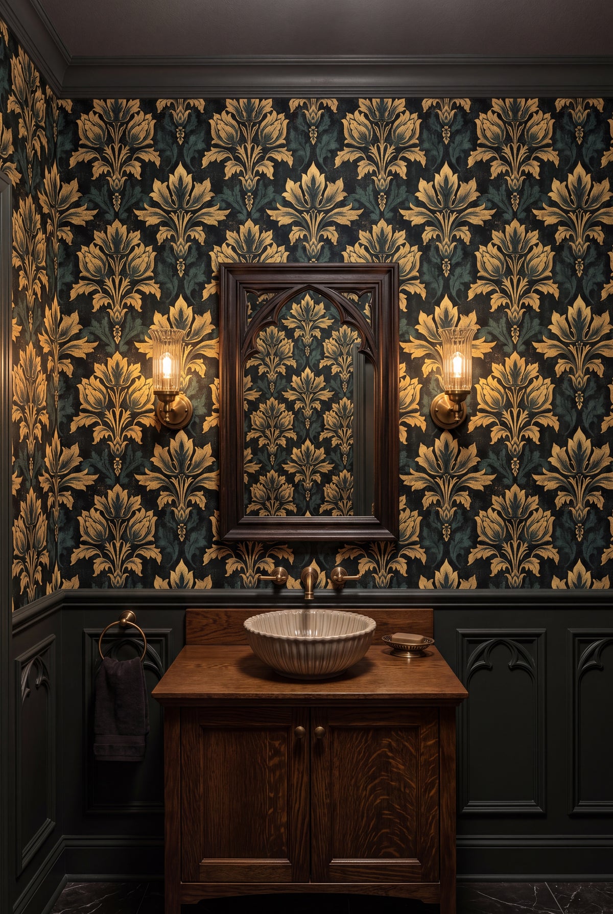 Abbey Gold wallpaper shown in a powder room