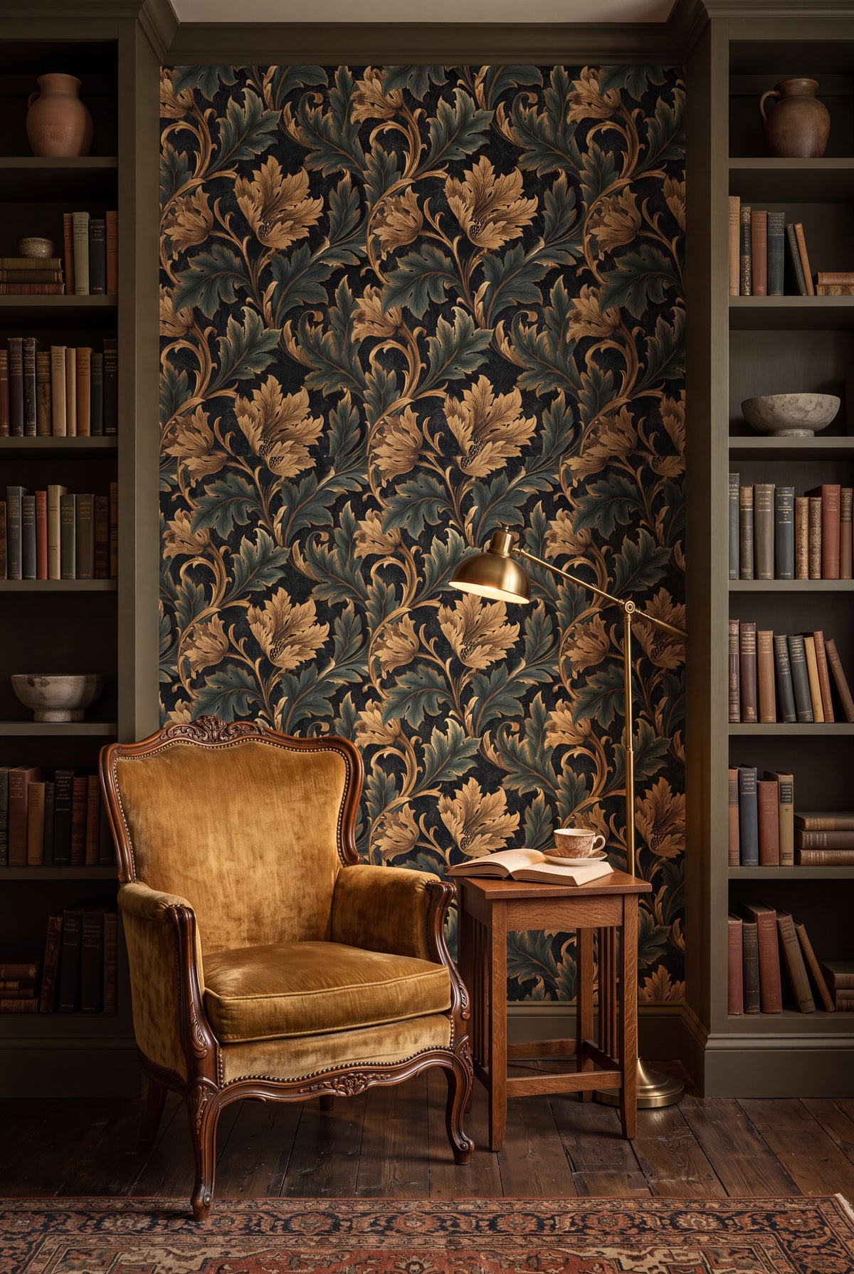 Verdant Choir wallpaper shown in a reading nook