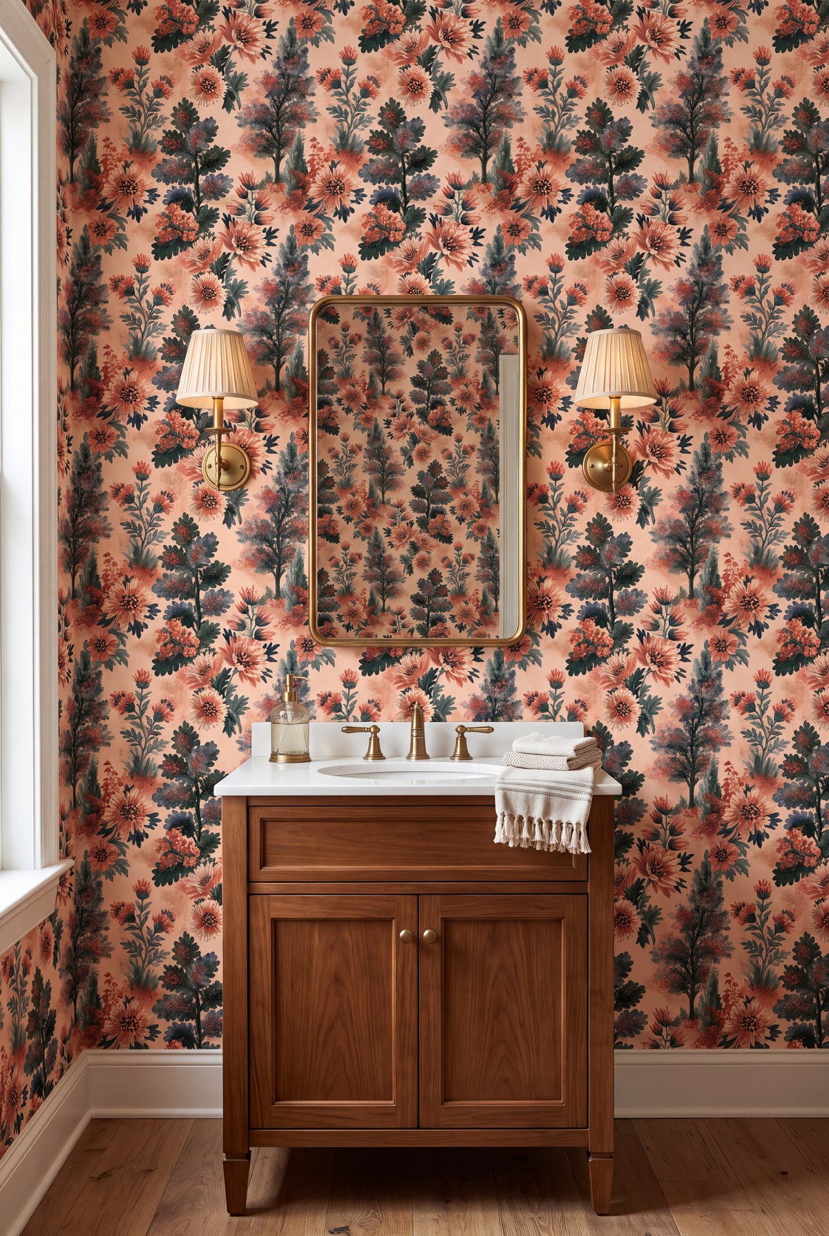 Peach Arbor wallpaper shown in a powder room