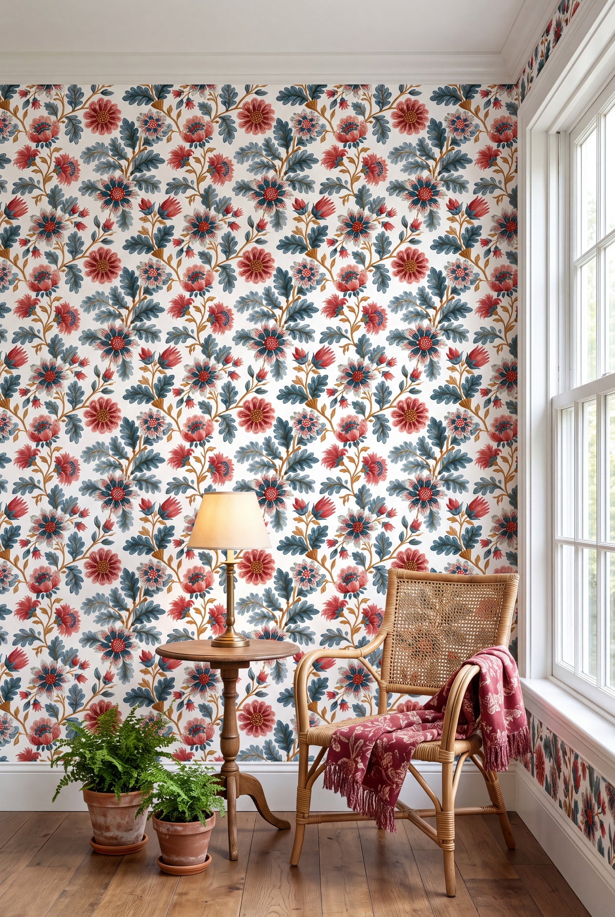 Cranberry Chintz wallpaper shown in a sunroom