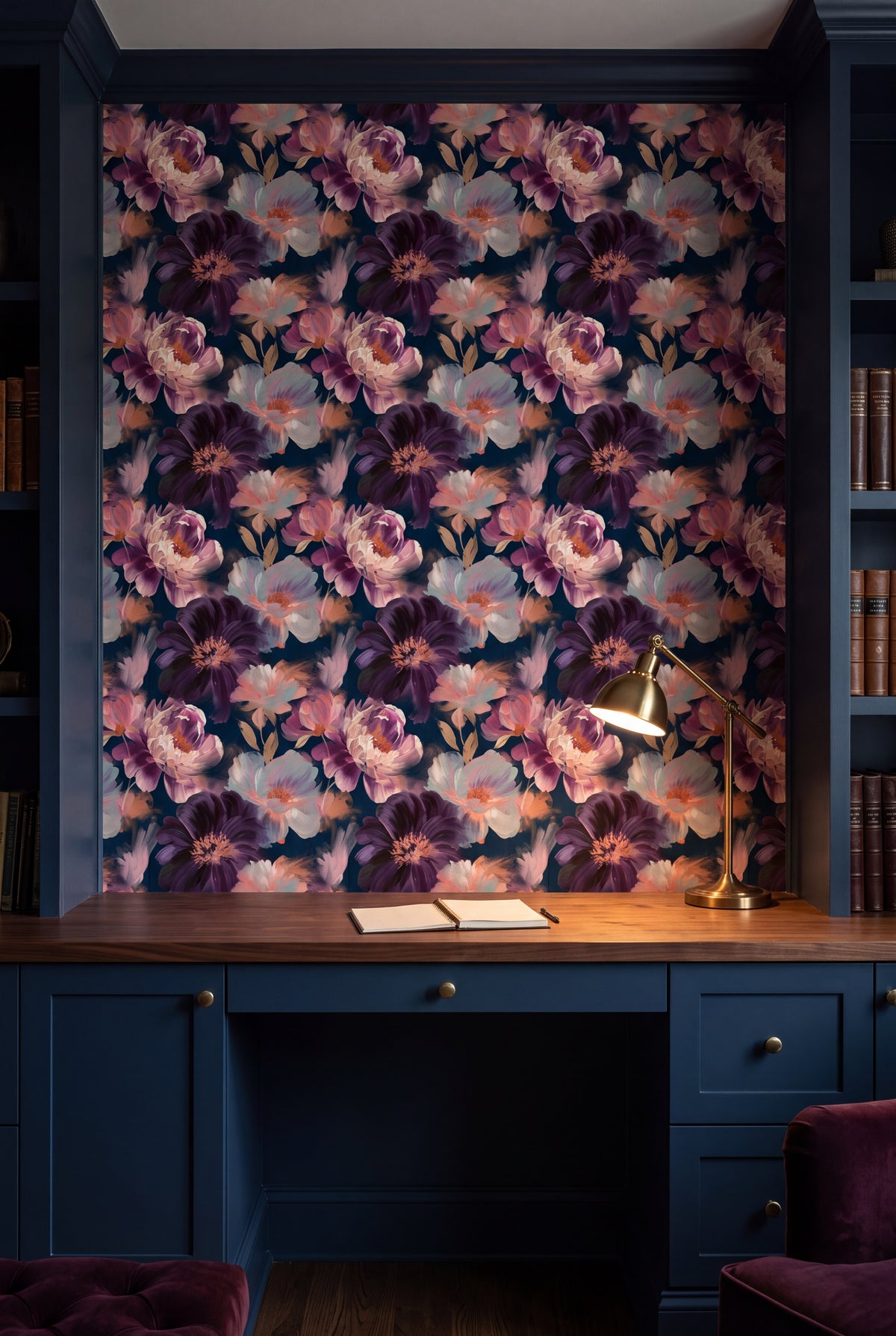 Violet Peony wallpaper shown in a home office
