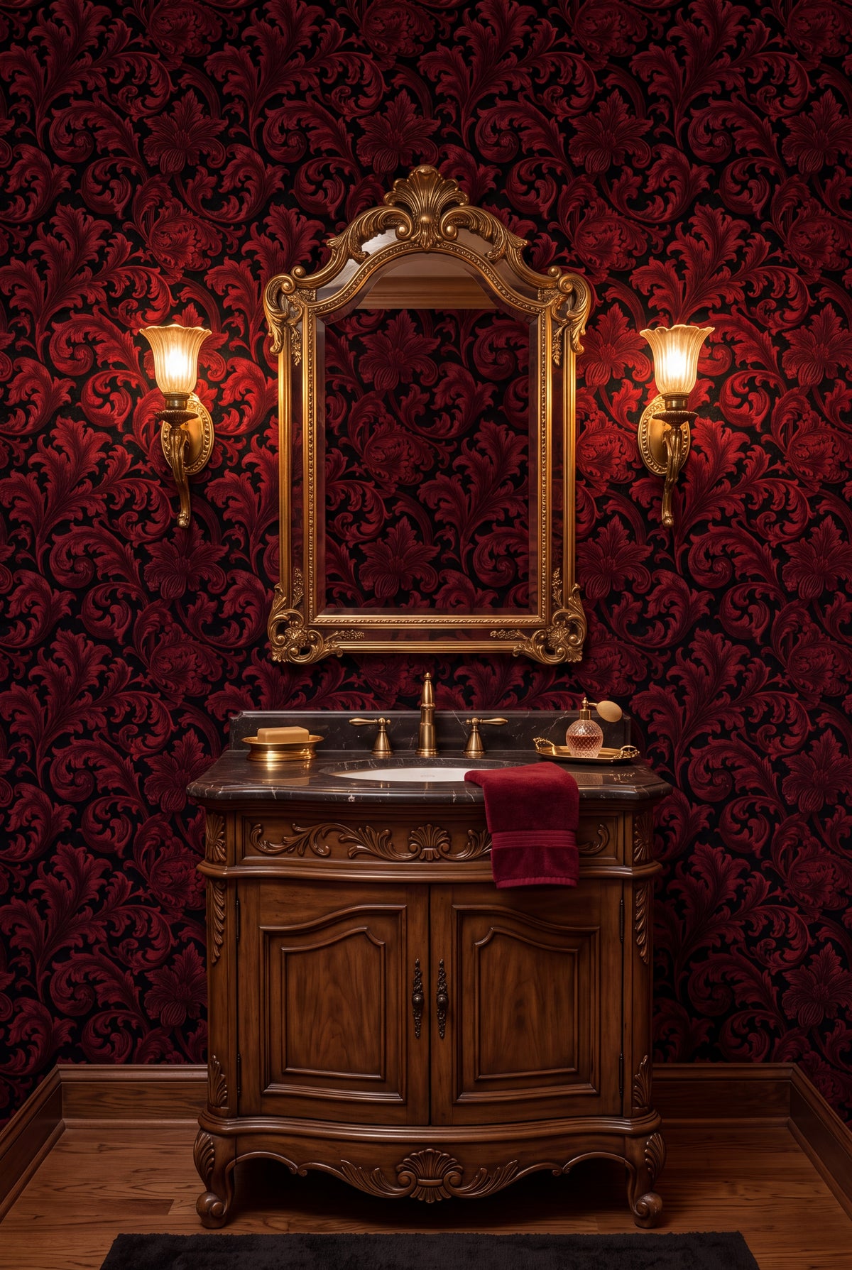Claret Acanthus wallpaper shown in a powder room