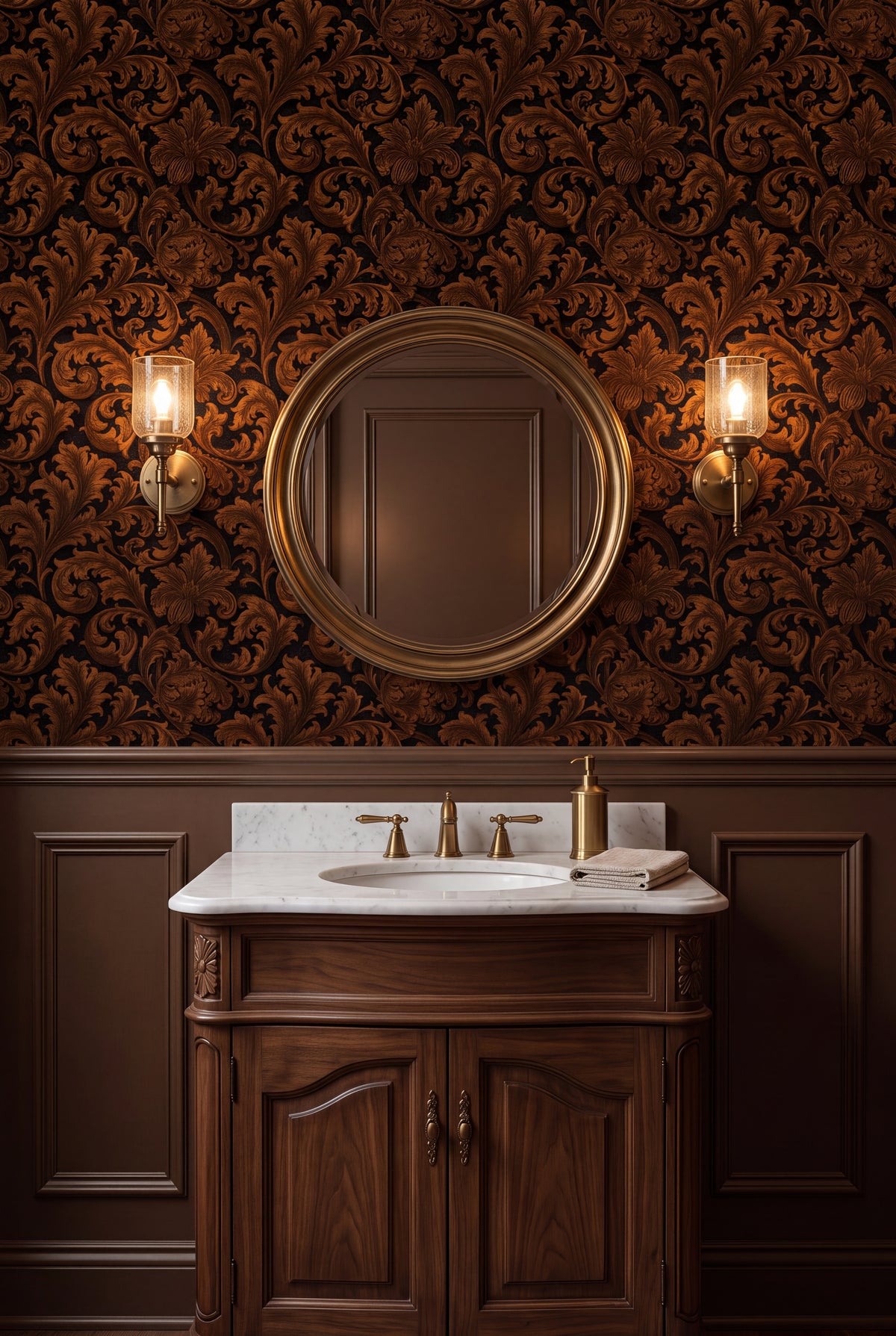 Amber Acanthus wallpaper shown in a powder room