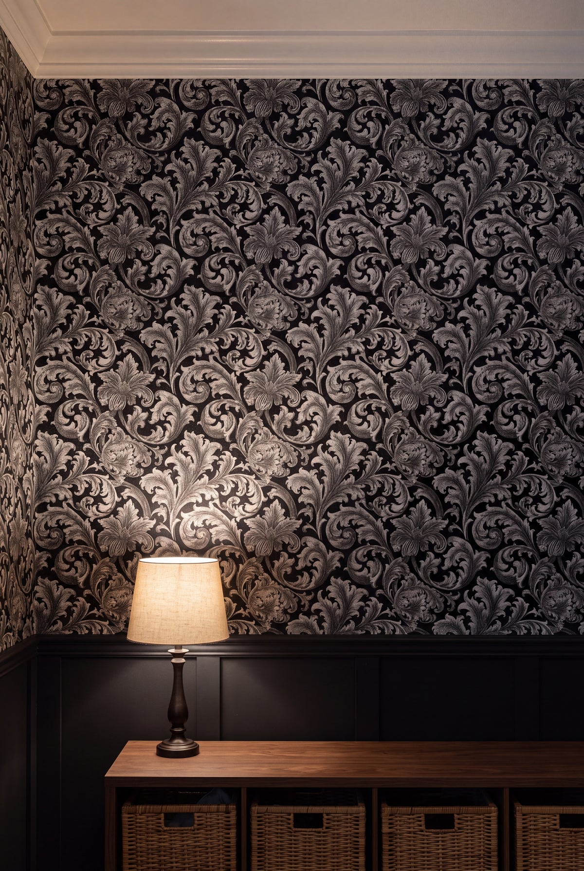 Silver Acanthus wallpaper shown in a kids room