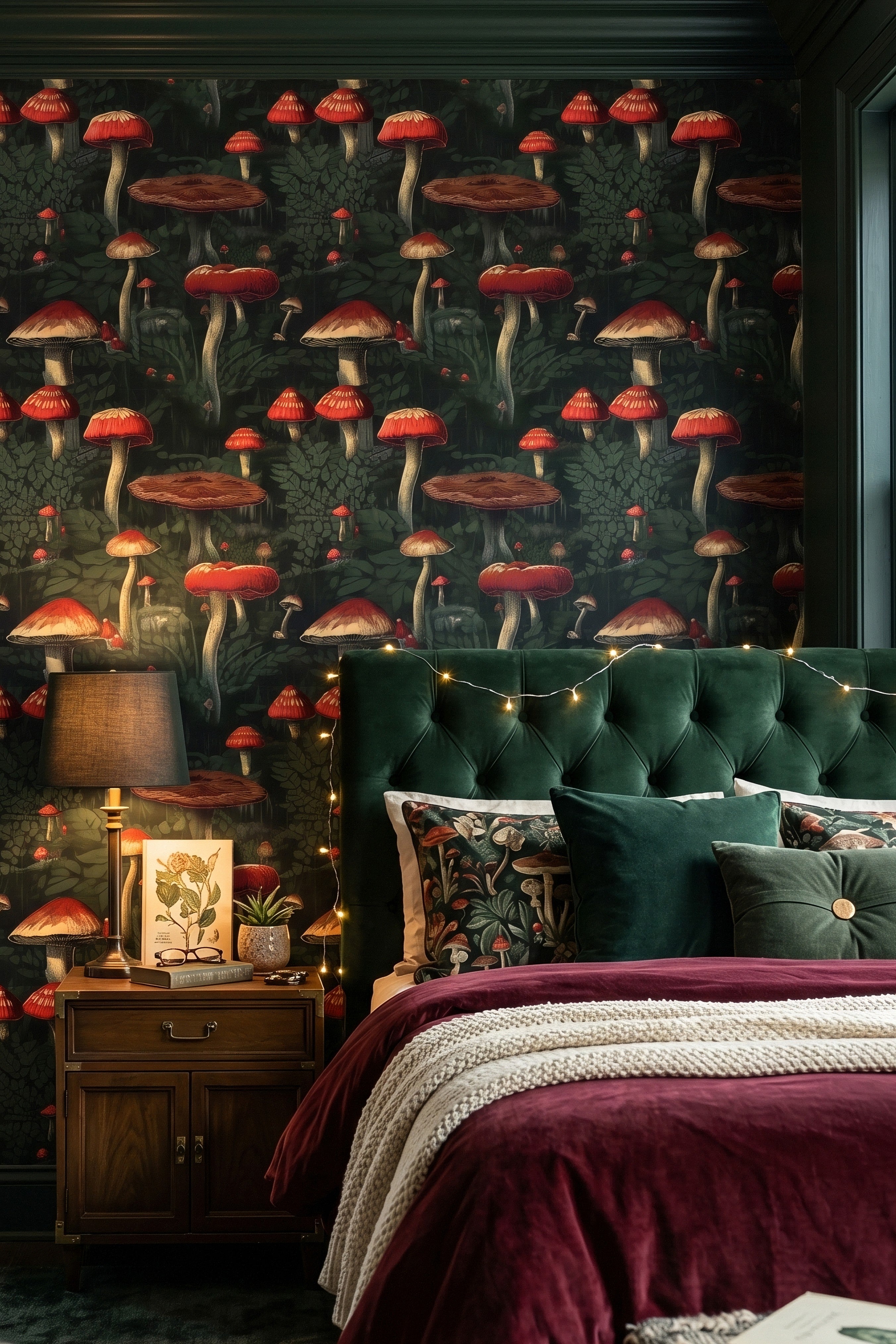 Crimson Cap wallpaper shown in a bedroom