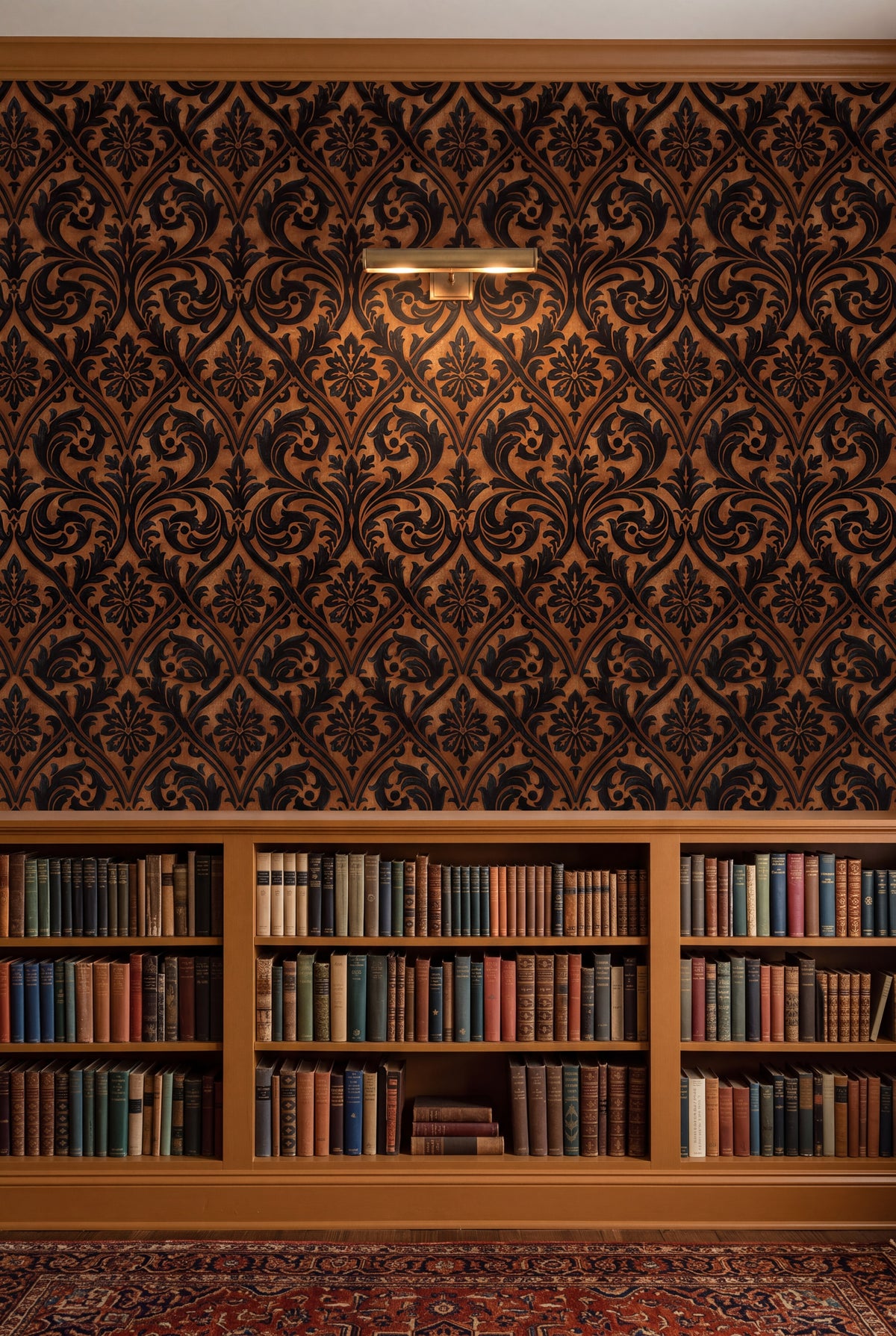 Amber Silhouette wallpaper shown in a library
