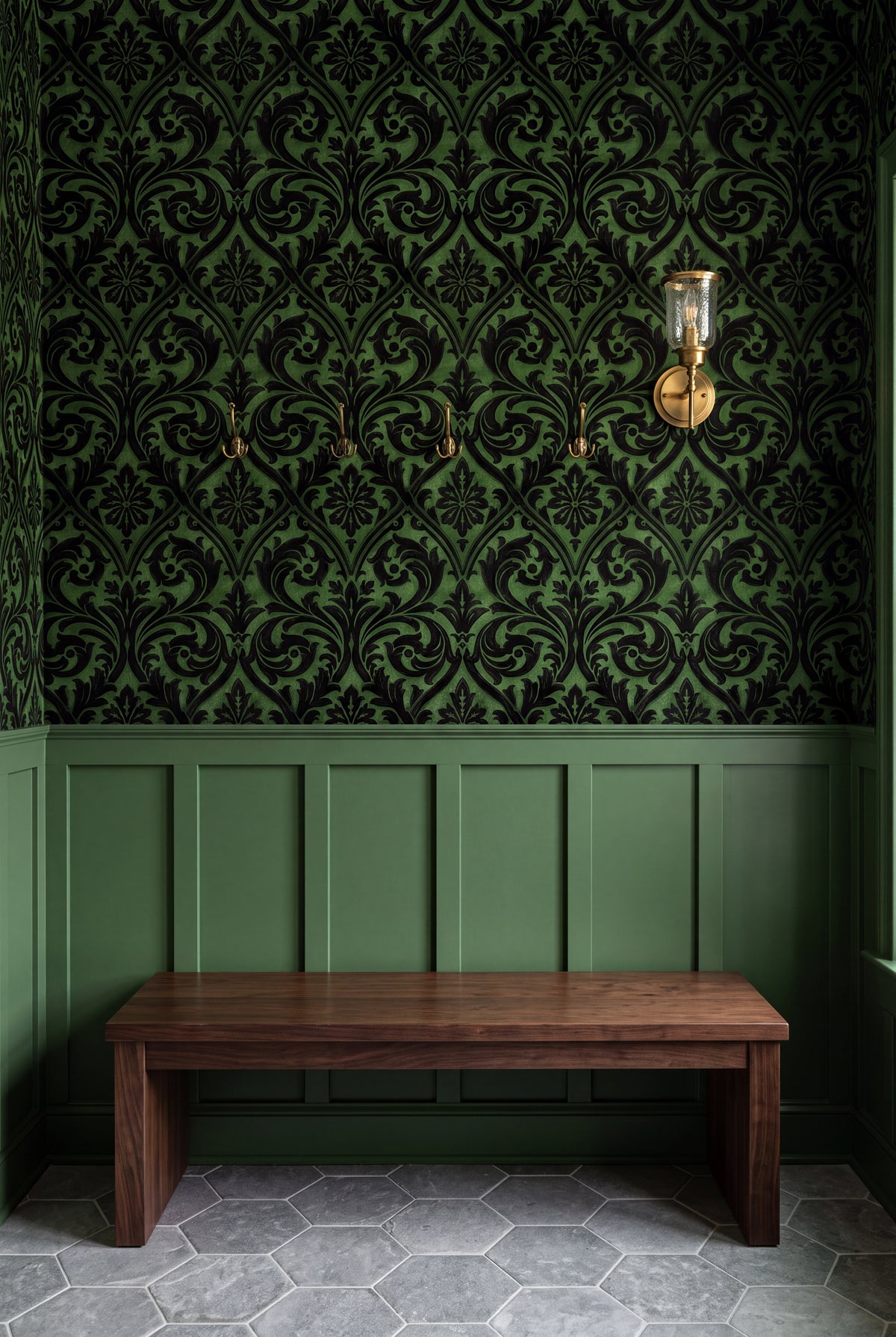Fern Silhouette wallpaper shown in a mudroom