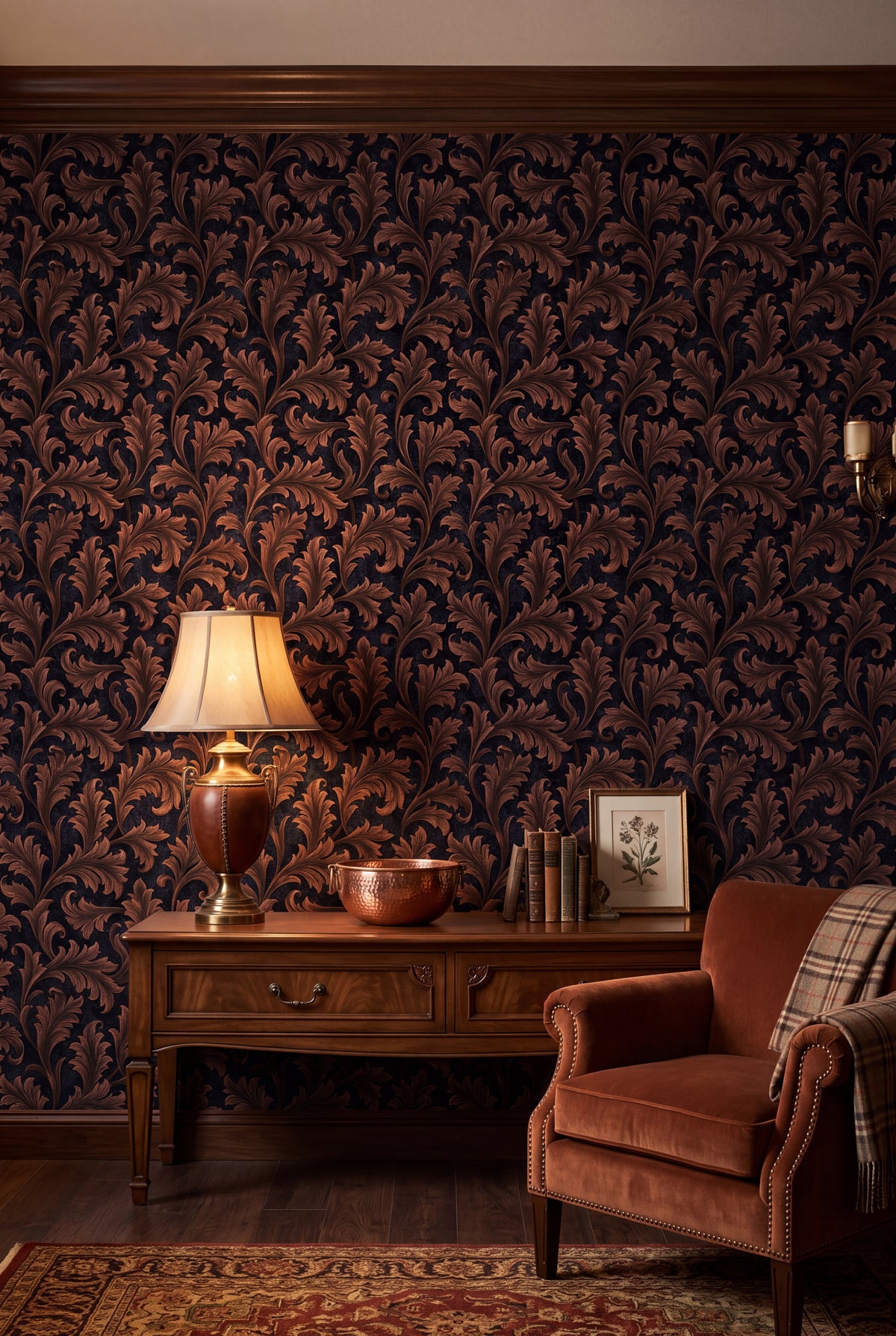 Copper Frond wallpaper shown in a living room